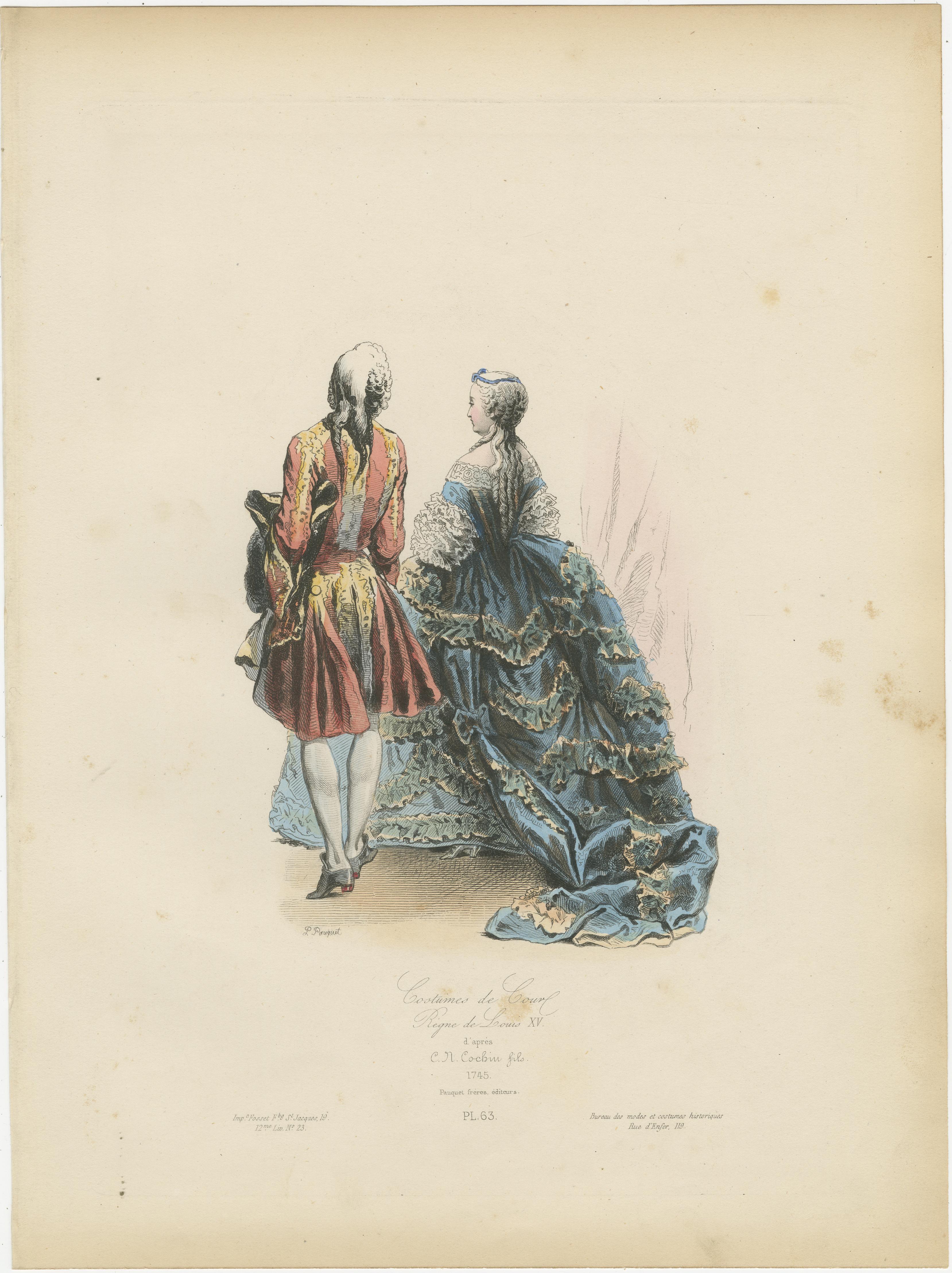French Courtly Costume Lithographs 18th Century Elegance - 1745, 1770, 1783

Description: These exquisite French courtly costume lithographs, created by Pauquet Frères after the works of renowned artists such as C.N. Cochin, Dronais, and Moreau,