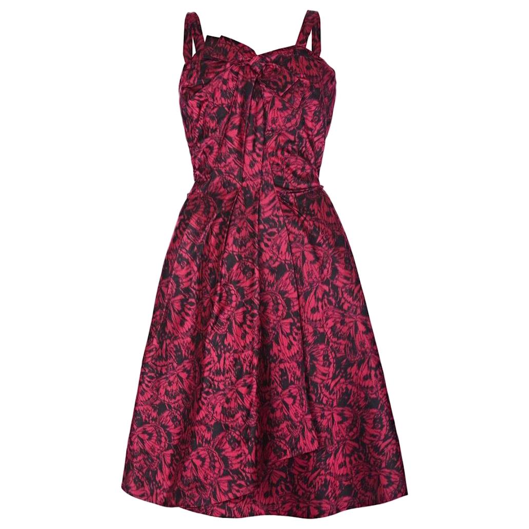 French Couture 1950s Red Silk Butterfly Print Dress For Sale at 1stDibs