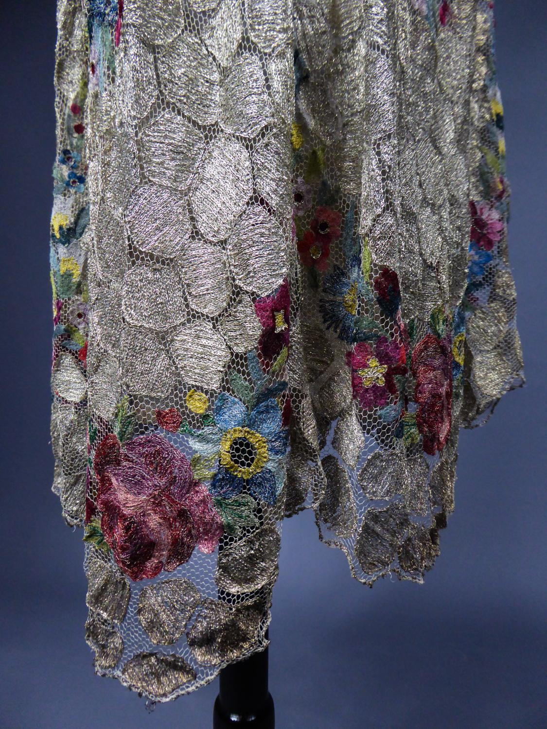 French Couture Art Deco Flapper Dress Net and Voile Embroidered Circa 1920/1925 For Sale 5