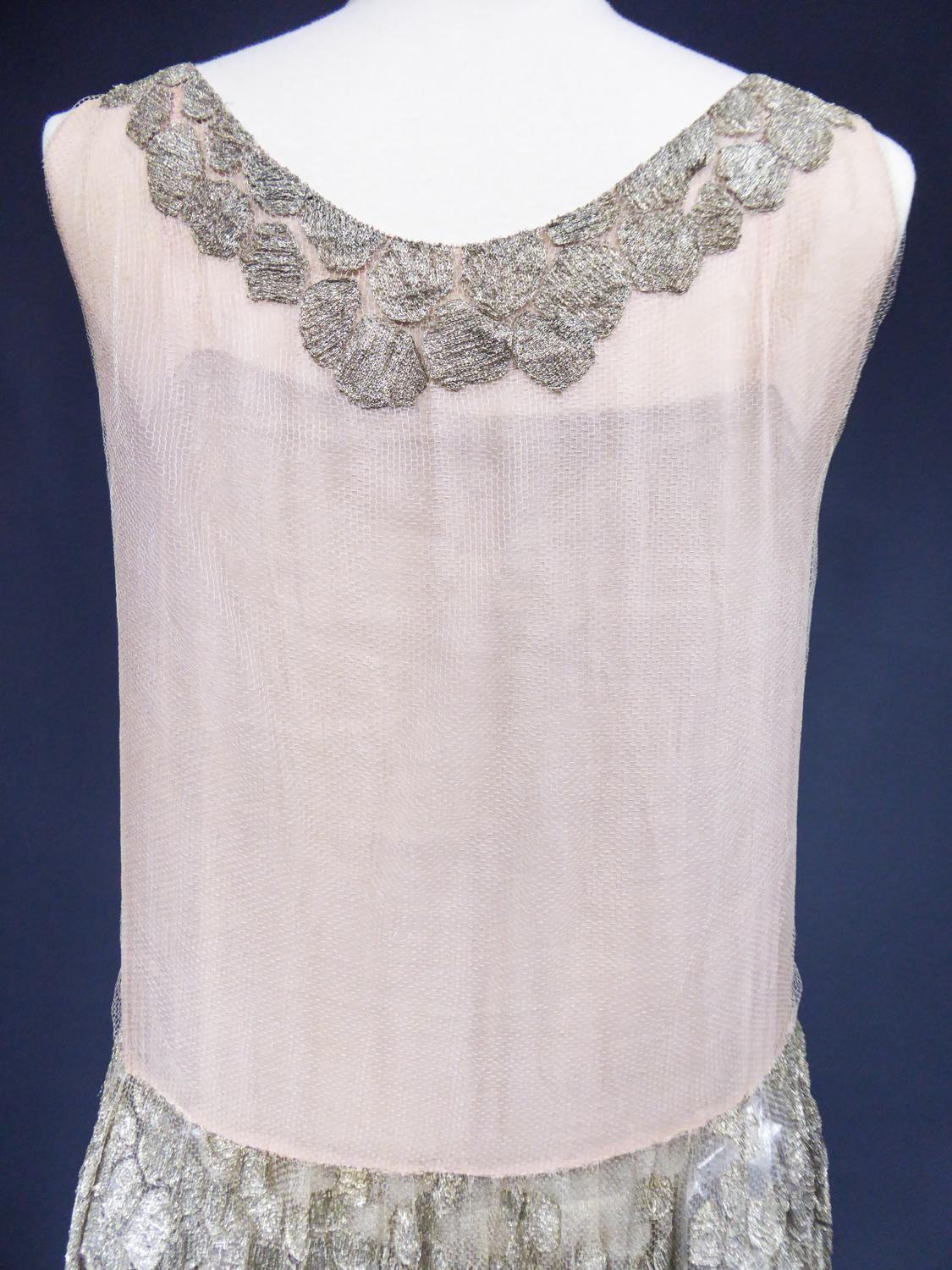 French Couture Art Deco Flapper Dress Net and Voile Embroidered Circa 1920/1925 For Sale 3
