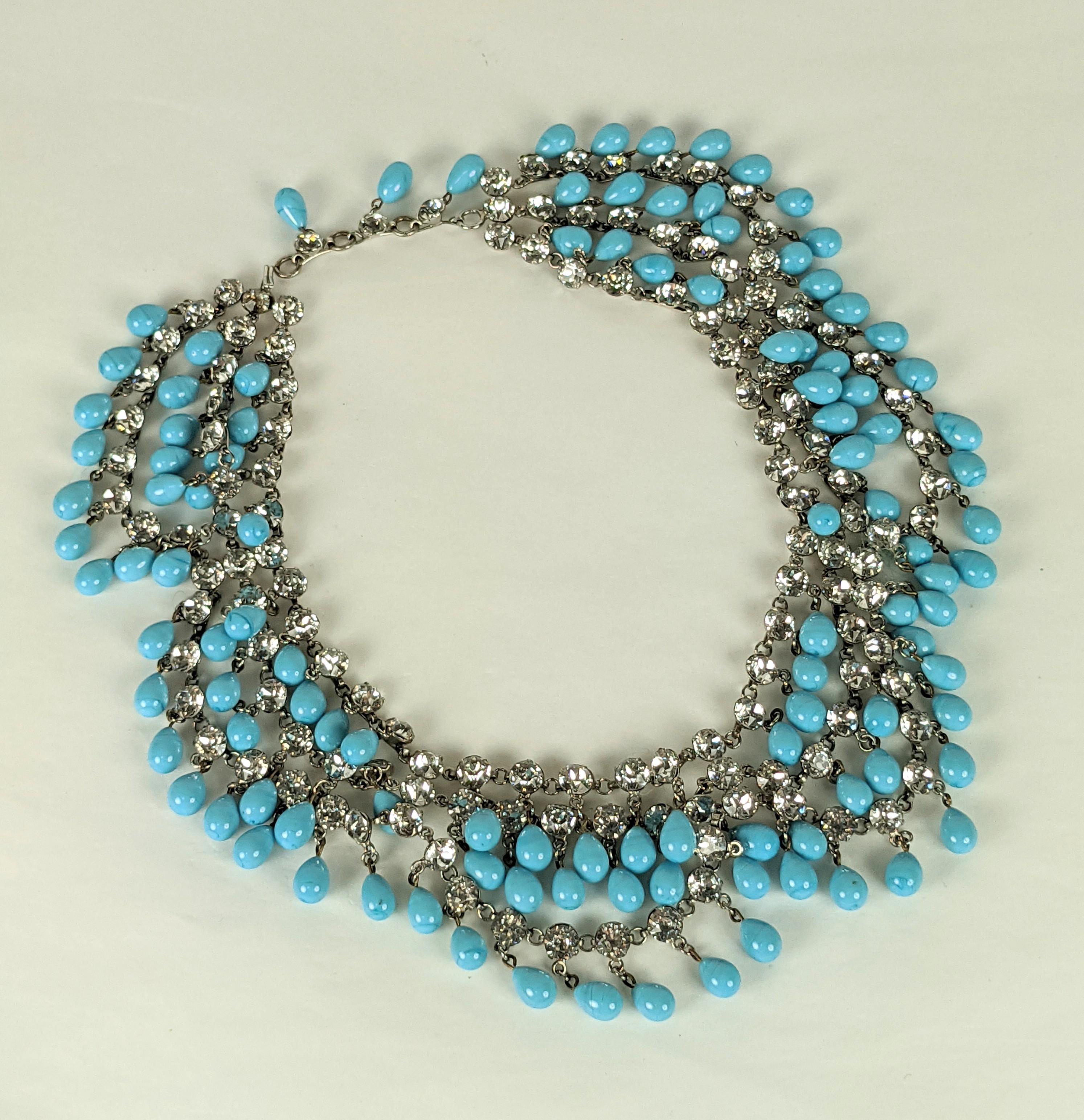 Elegant French Couture Paste and Pate de Verre Draped Collar, handmade with 3 rows of draped paste swags with dozens hand made pate de verre turquoise drops. Incredible quality. 
13.5