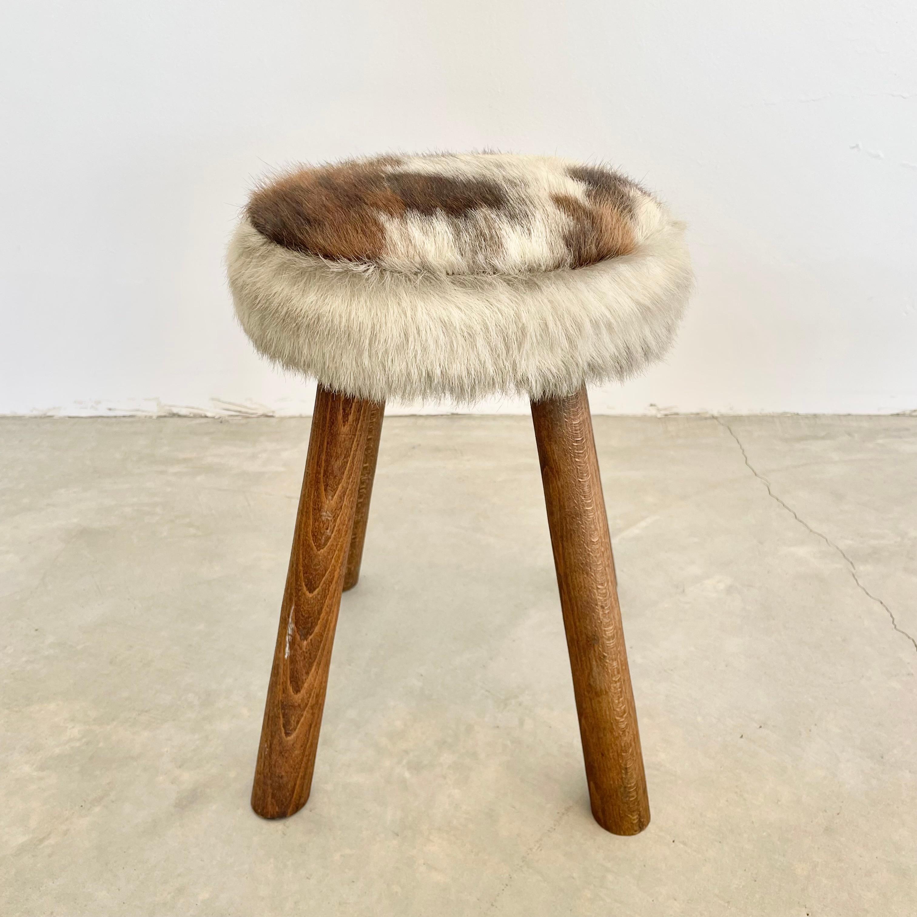 Brutalist French Cowhide and Wood Stool, 1960s France For Sale