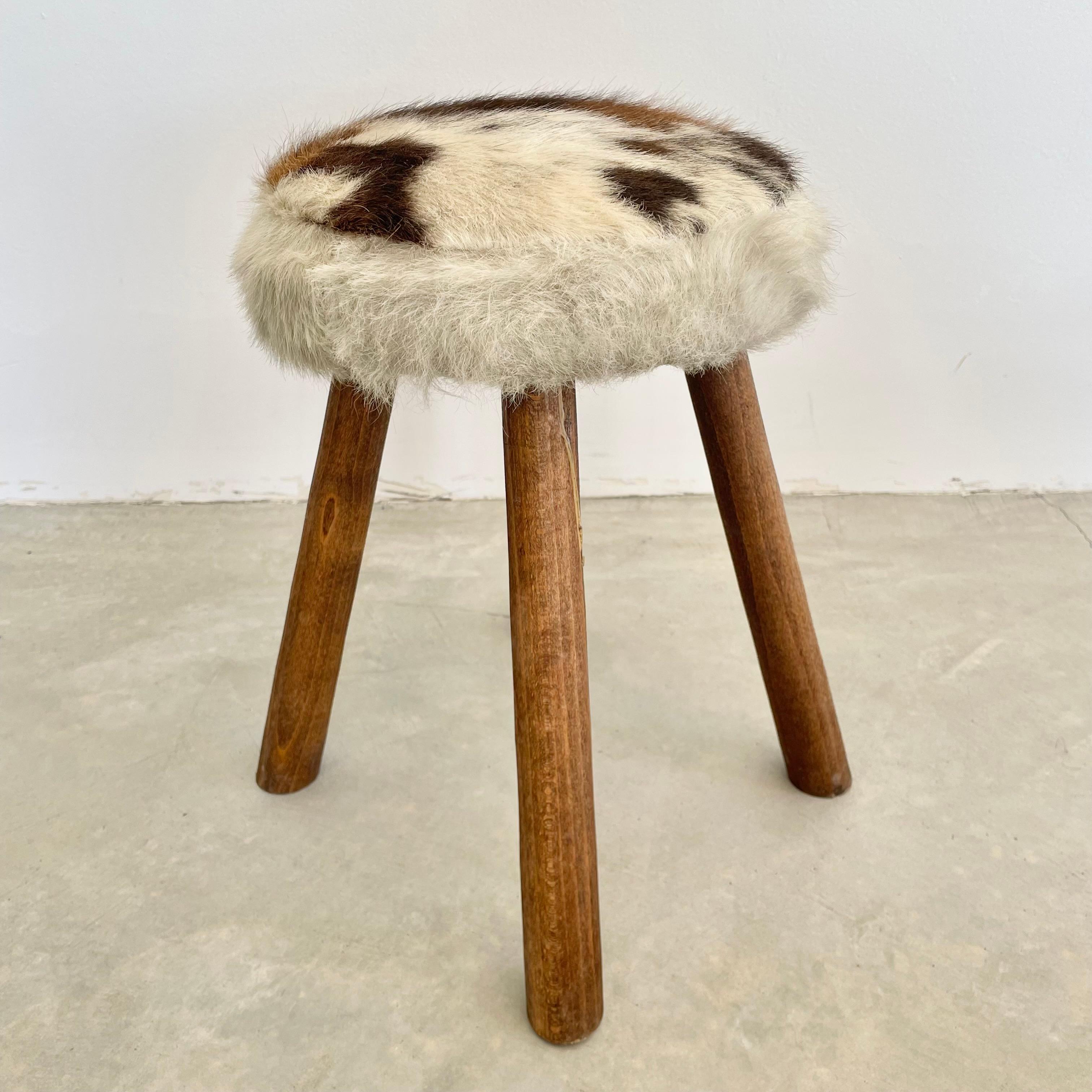 Leather French Cowhide and Wood Stool, 1960s France For Sale