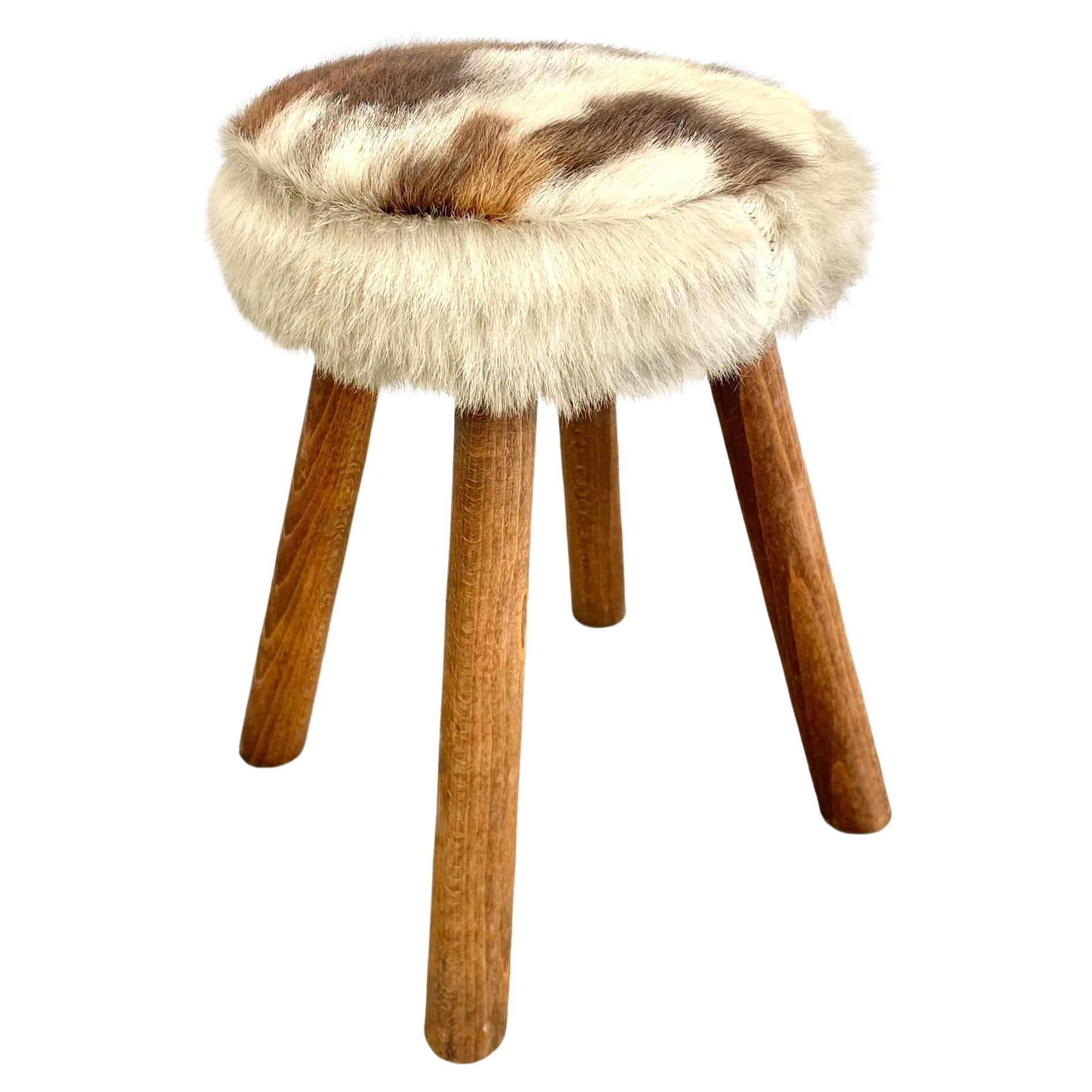French Cowhide and Wood Stool, 1960s France For Sale