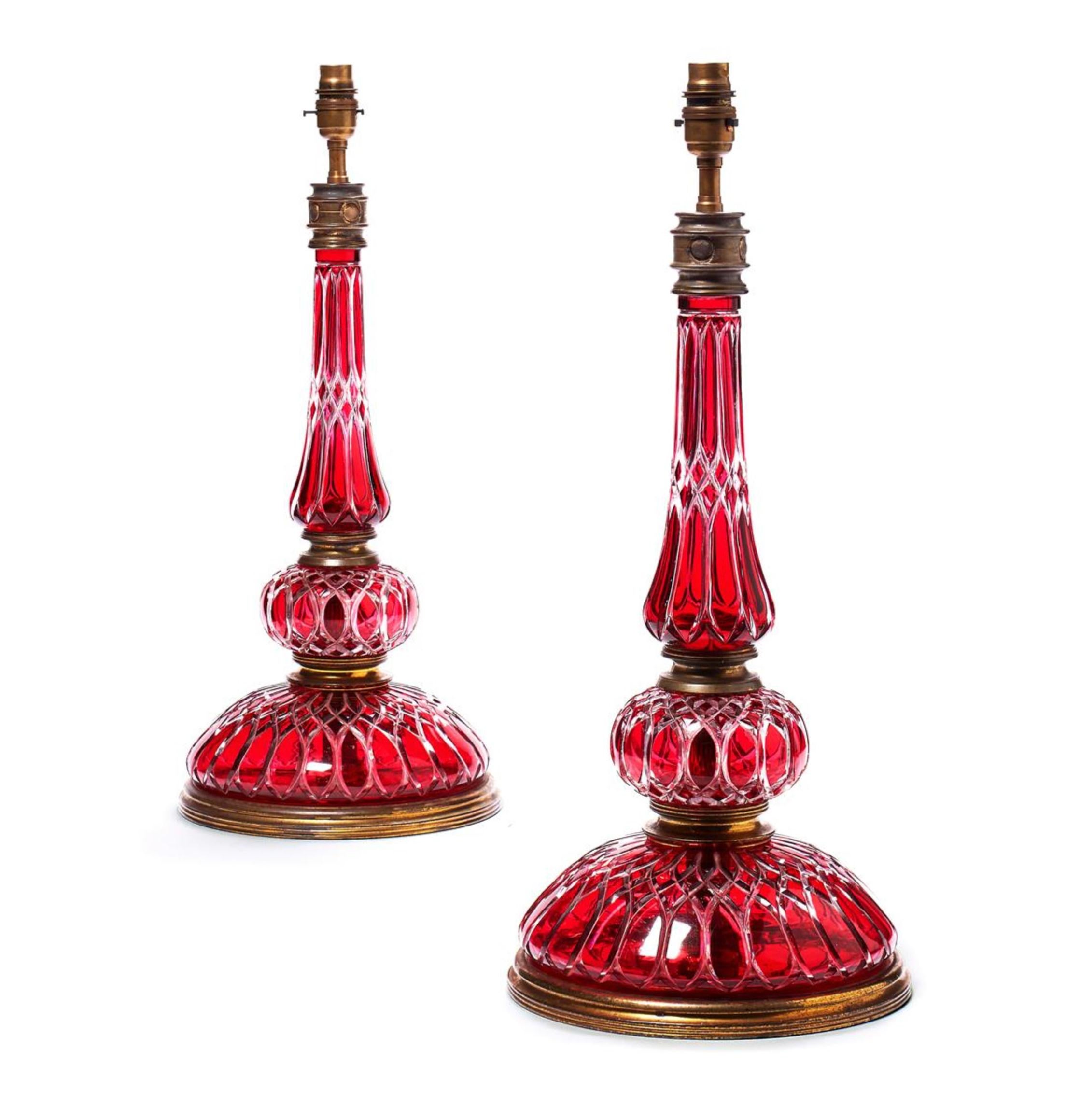 French Cranberry Cut Glass and Gilt Metal Mounted 19th Century Table Lamps For Sale 1