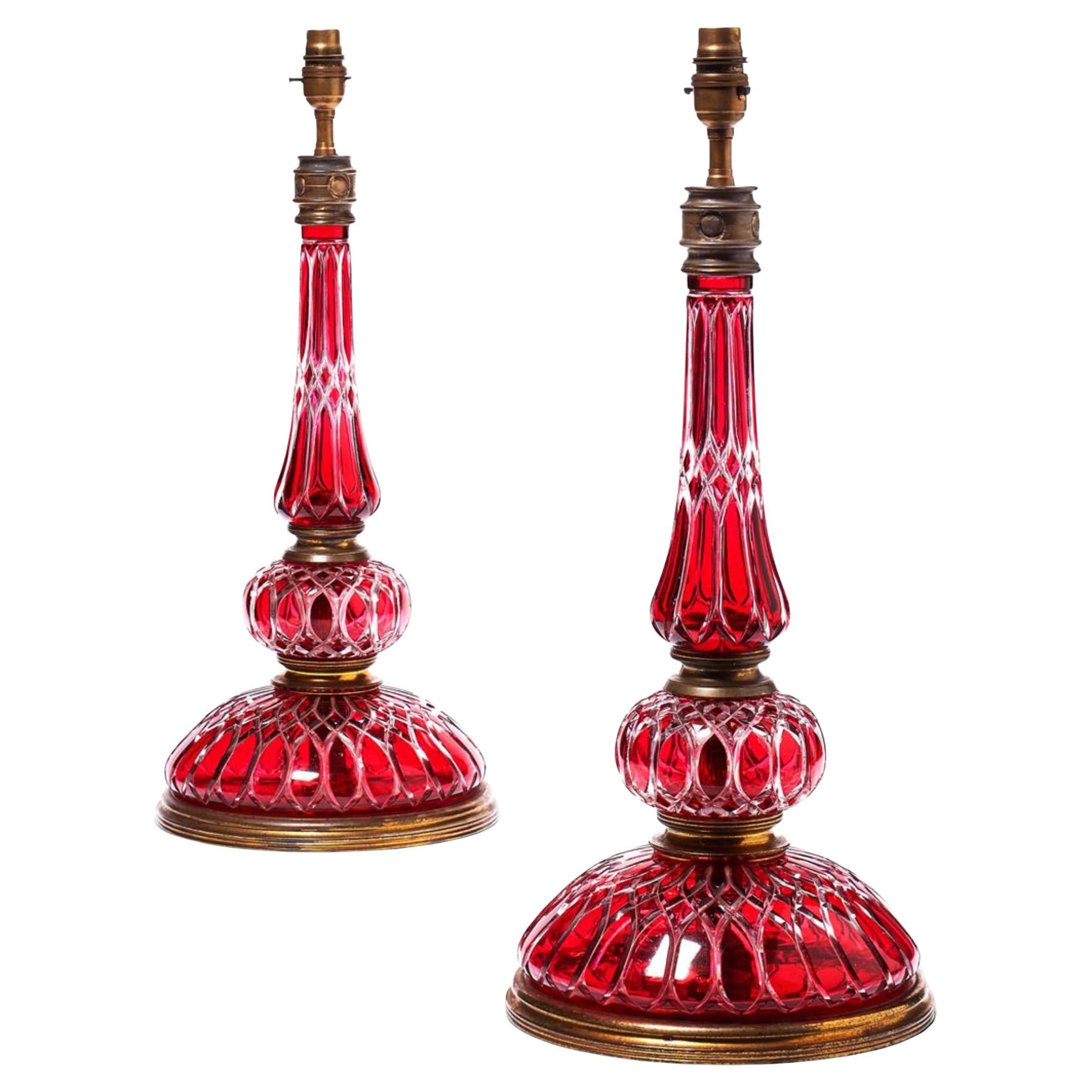 French Cranberry Cut Glass and Gilt Metal Mounted 19th Century Table Lamps For Sale