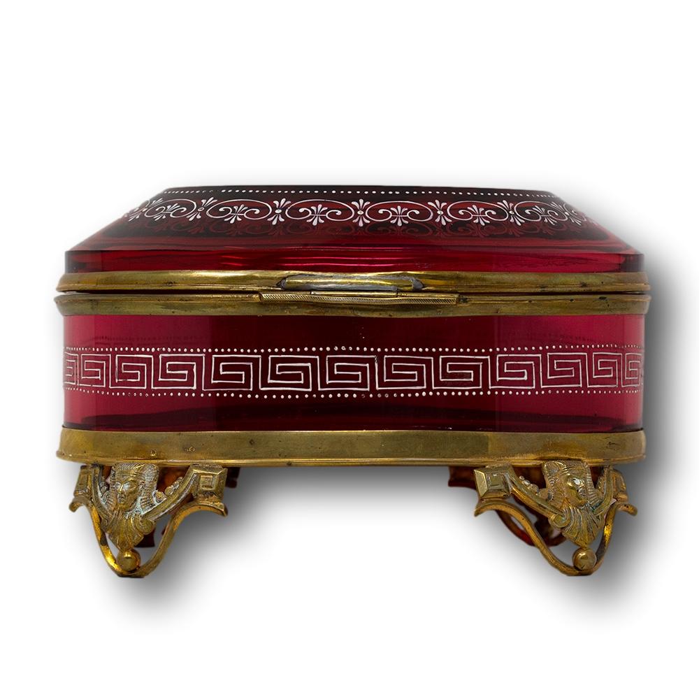 Brass French Cranberry Glass Box  For Sale