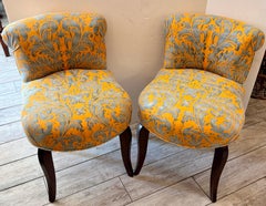 French Crapaud Slipper Chairs in Fortuny Damask, Circa 1970s