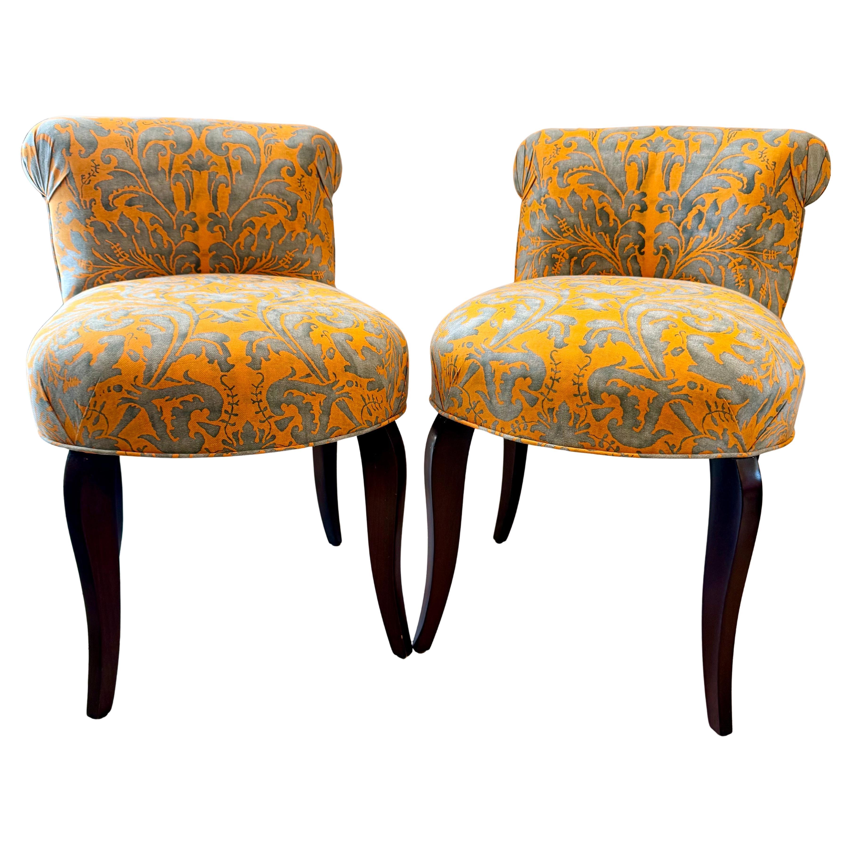 French Crapaud Slipper Chairs in Fortuny Damask, Circa 1970s For Sale