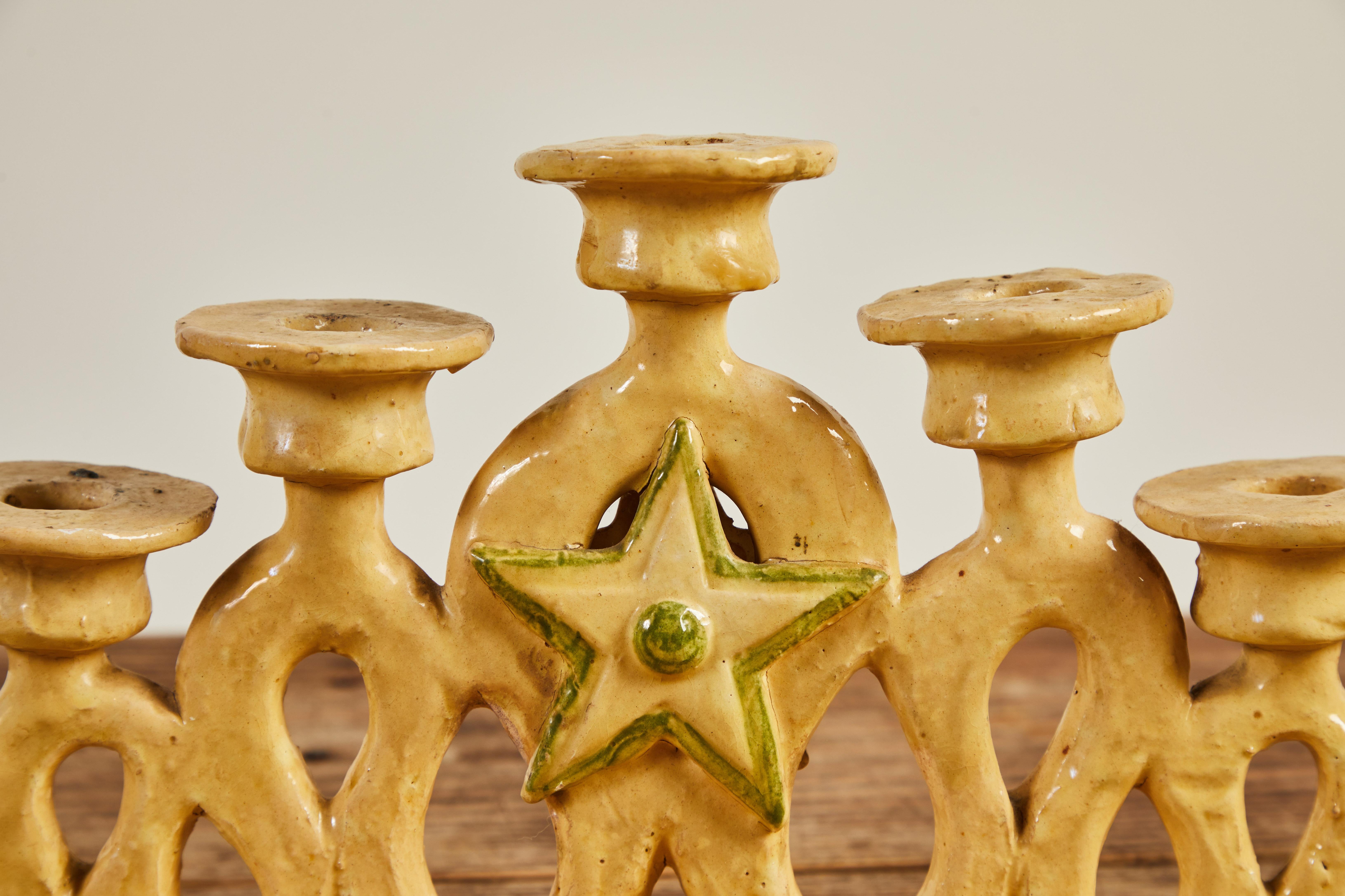 French Cream and Green Glazed Ceramic Candelabra In Good Condition In Los Angeles, CA