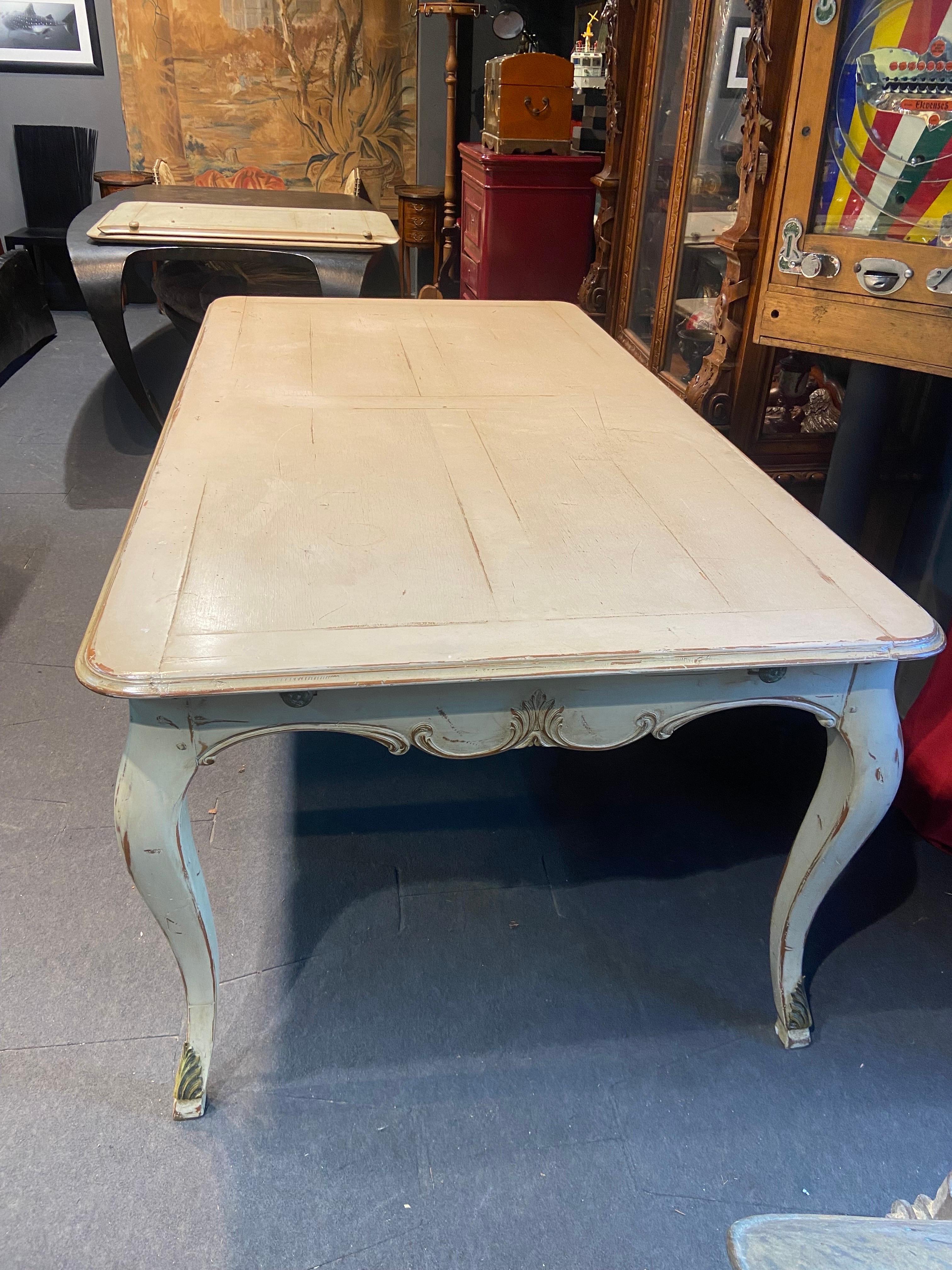Hand-Carved French Cream Lacquered Hand Carved Wooden Dining Table by Maison Moissonnier For Sale