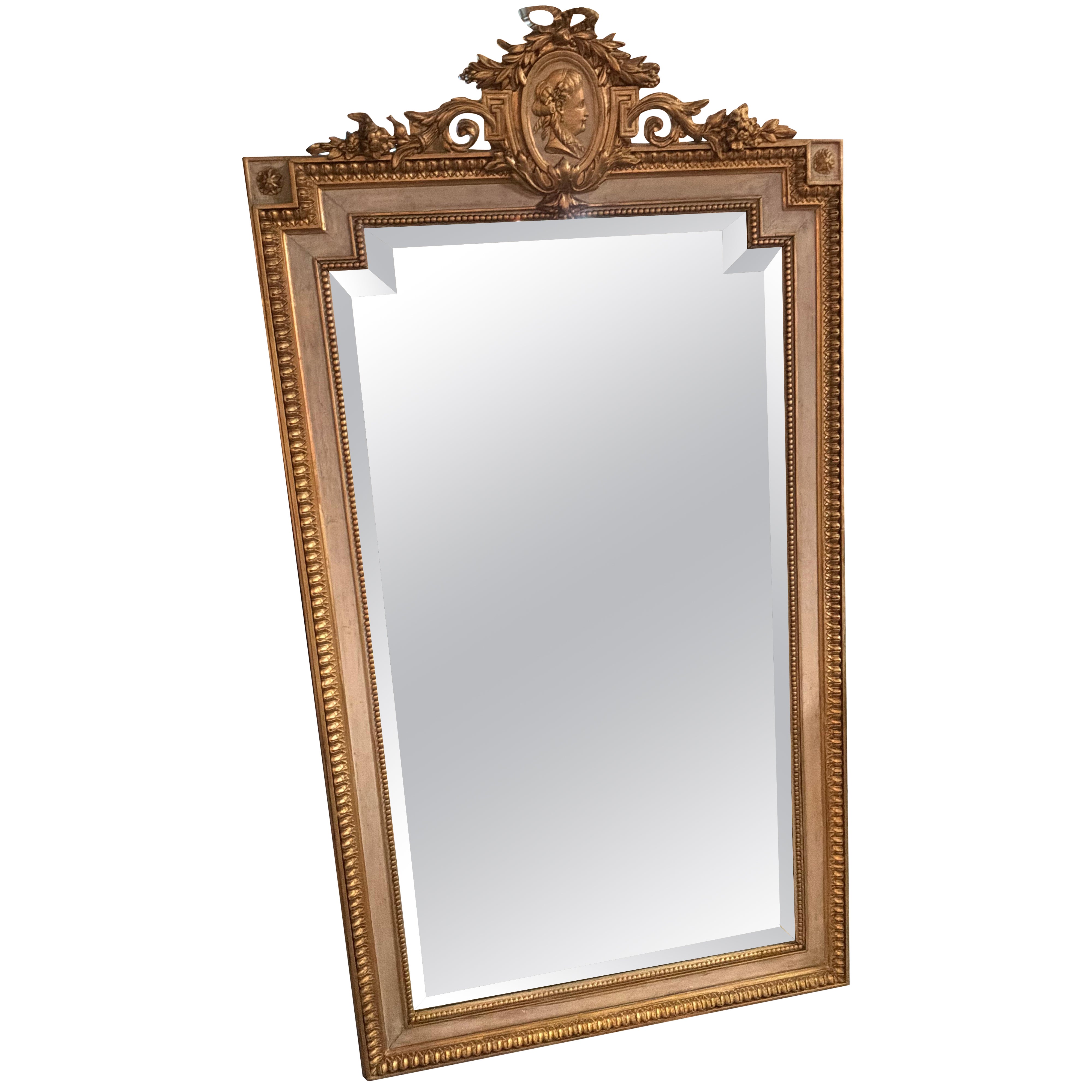 French cream paint and gilt wood neoclassical wall mirror For Sale