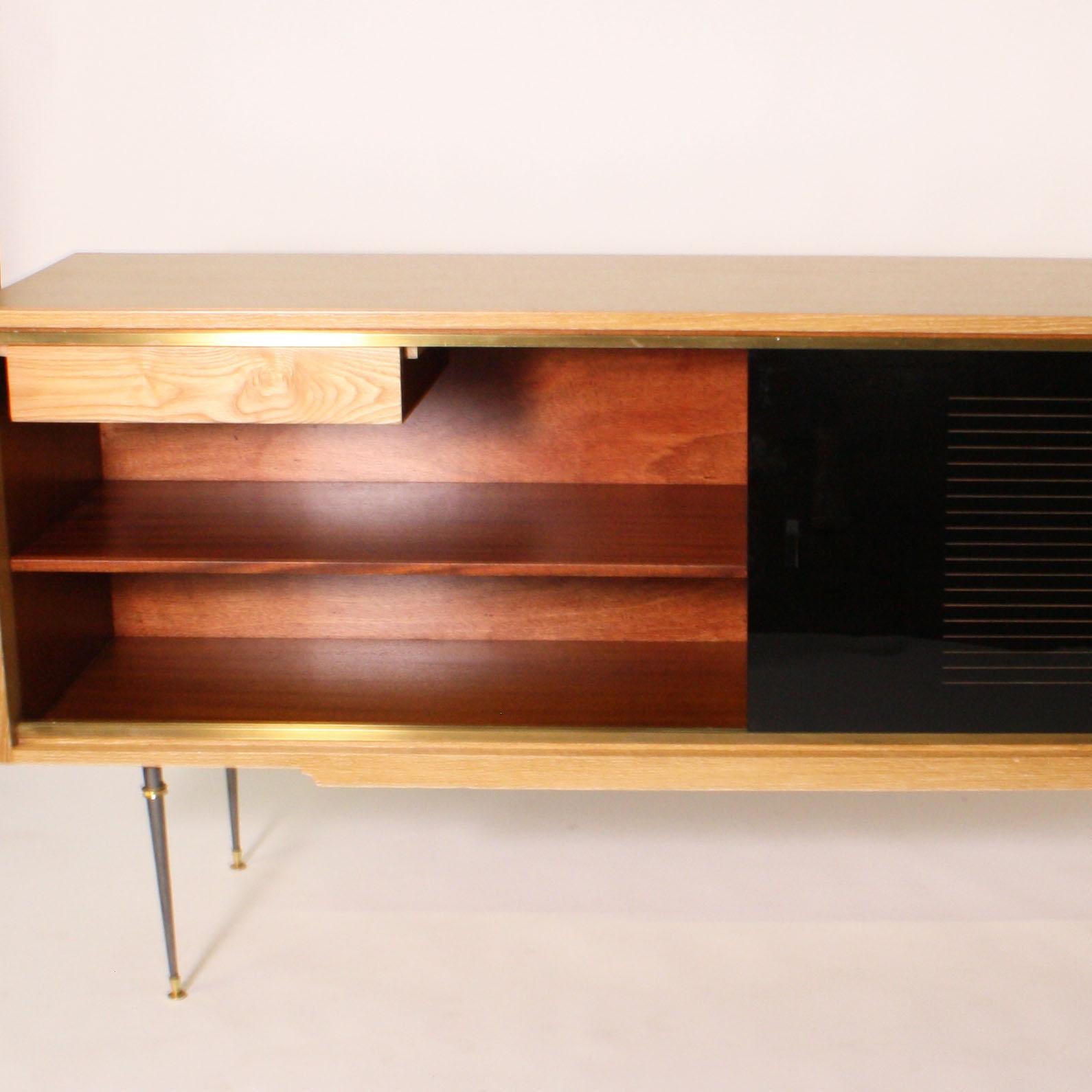 Mid-20th Century French Credenza in Oak with Opaline Glass Drawers by Baptistin Spade, circa 1940