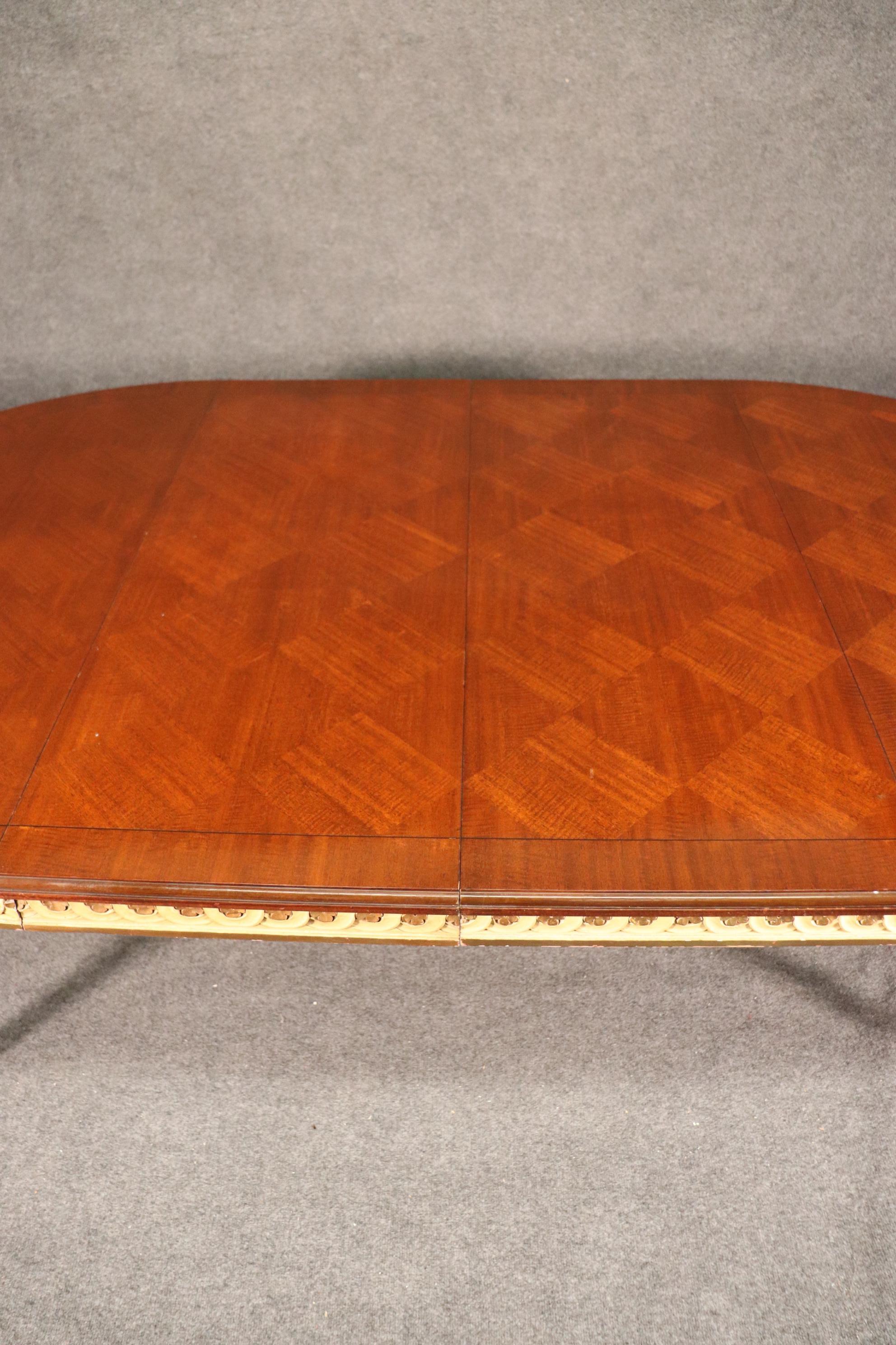 French Crème Paint and Gilded Parquet Top Round to Oval Louis XVI Dining Table 9