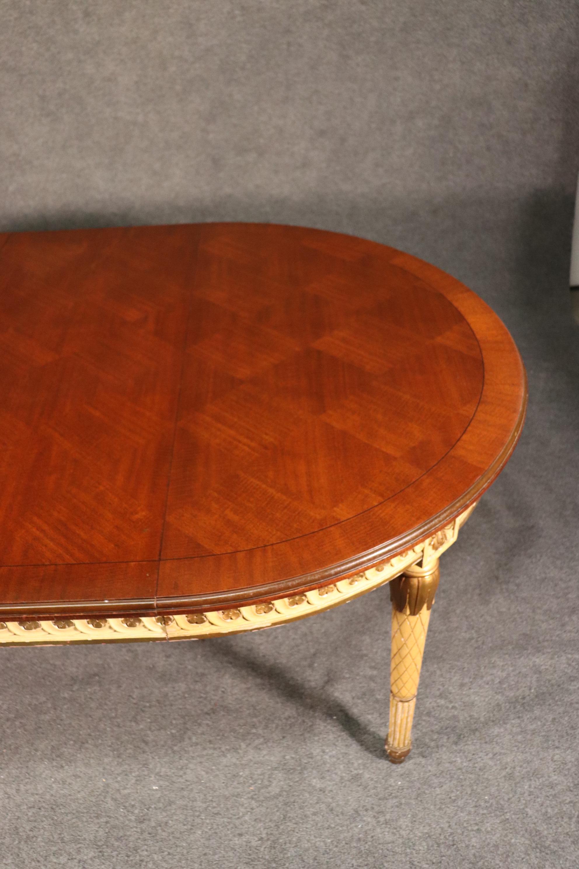 French Crème Paint and Gilded Parquet Top Round to Oval Louis XVI Dining Table 10