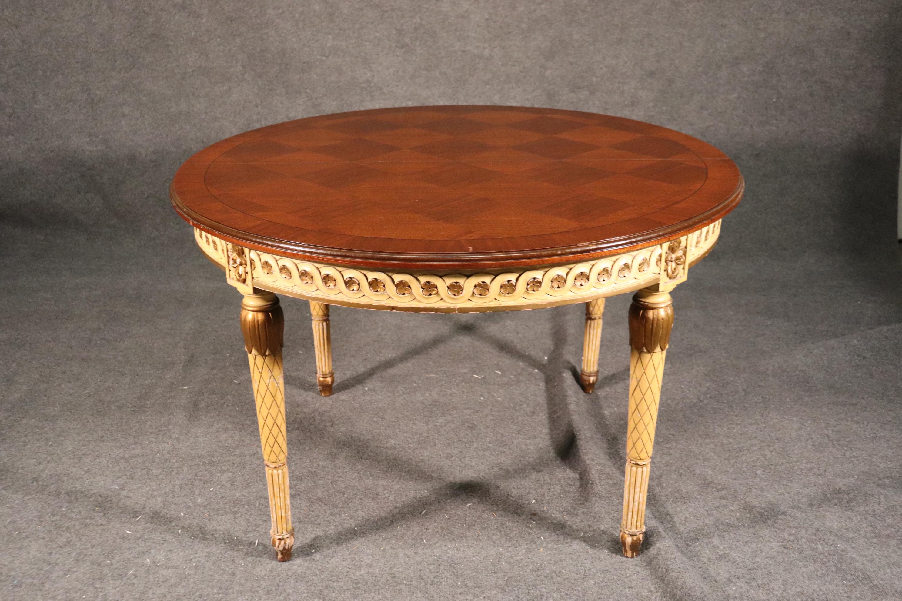 French Crème Paint and Gilded Parquet Top Round to Oval Louis XVI Dining Table 11