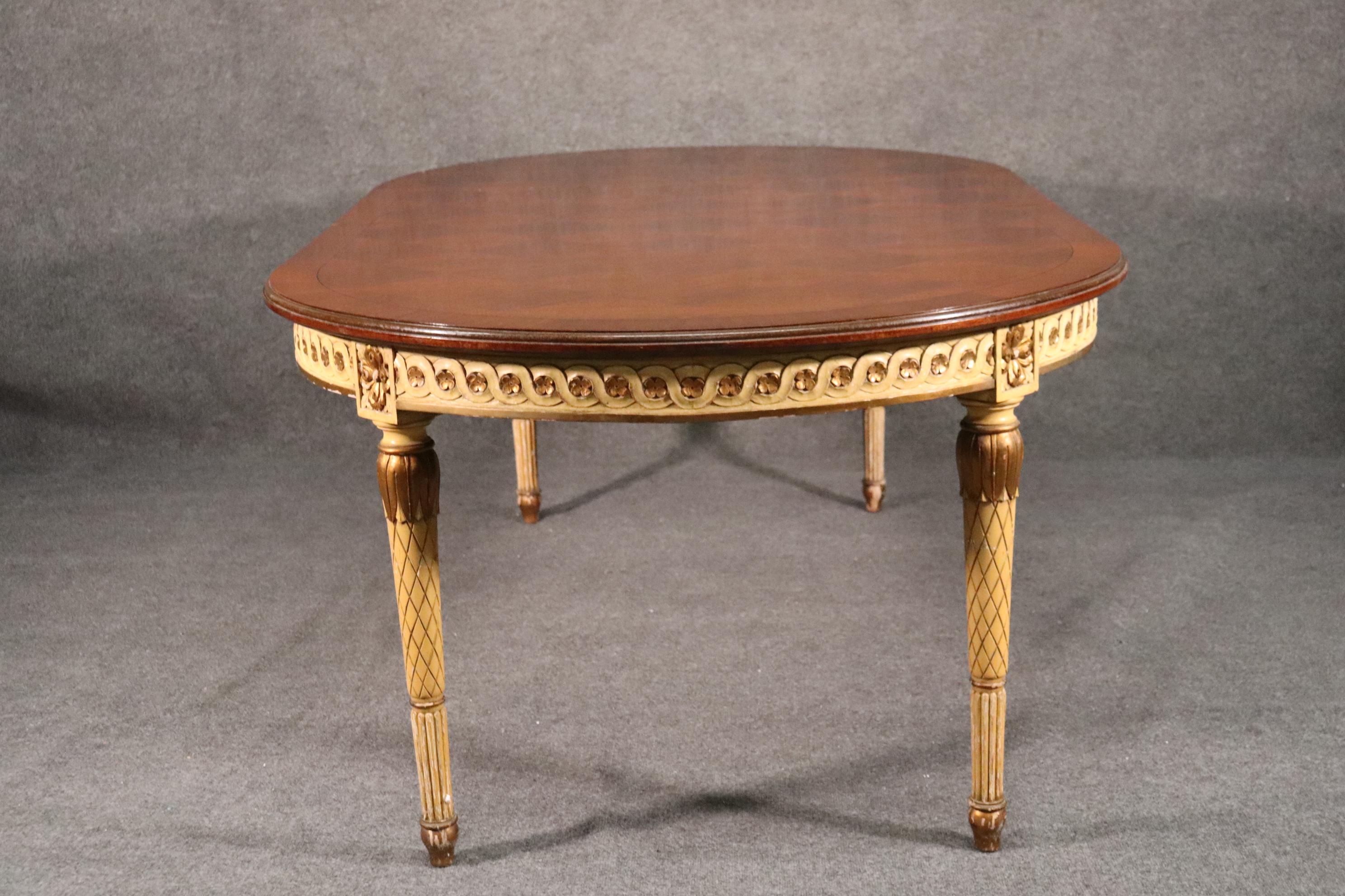 French Crème Paint and Gilded Parquet Top Round to Oval Louis XVI Dining Table In Good Condition In Swedesboro, NJ