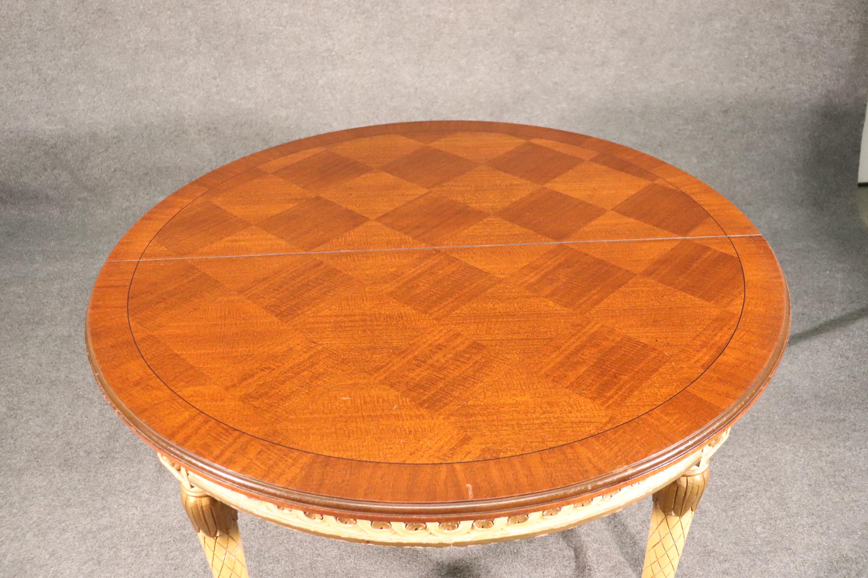 Mid-20th Century French Crème Paint and Gilded Parquet Top Round to Oval Louis XVI Dining Table