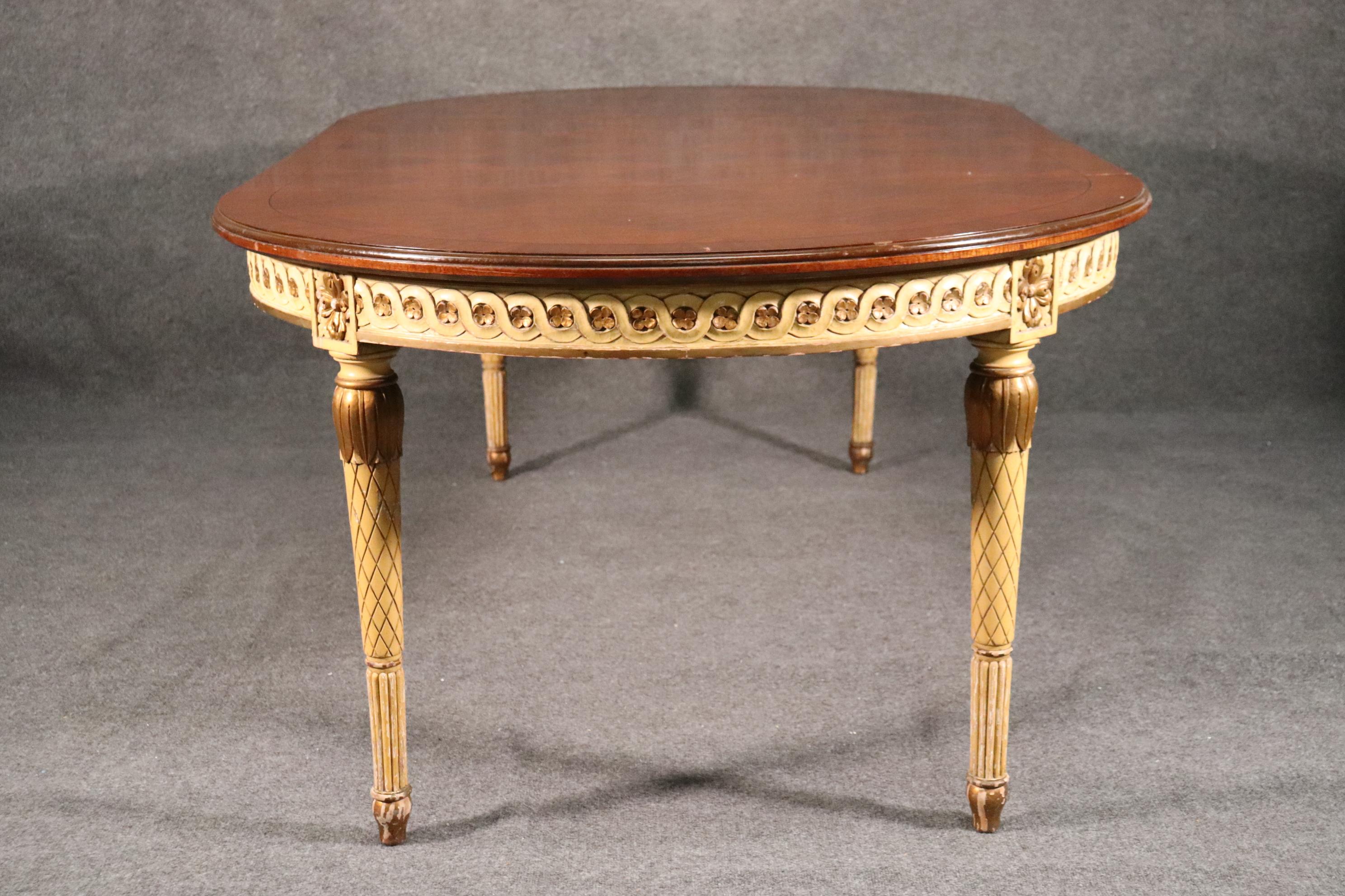French Crème Paint and Gilded Parquet Top Round to Oval Louis XVI Dining Table 1