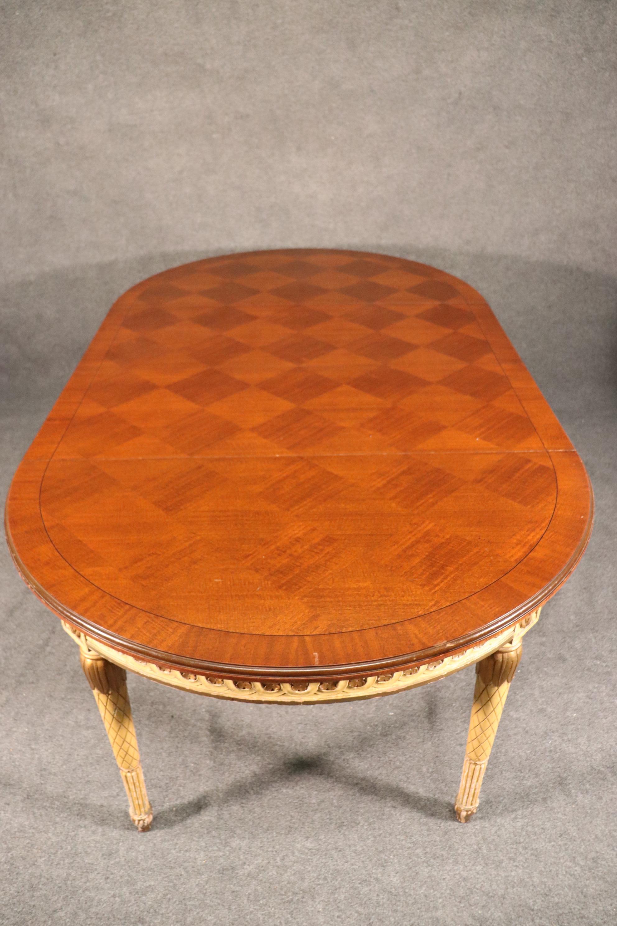 French Crème Paint and Gilded Parquet Top Round to Oval Louis XVI Dining Table 2
