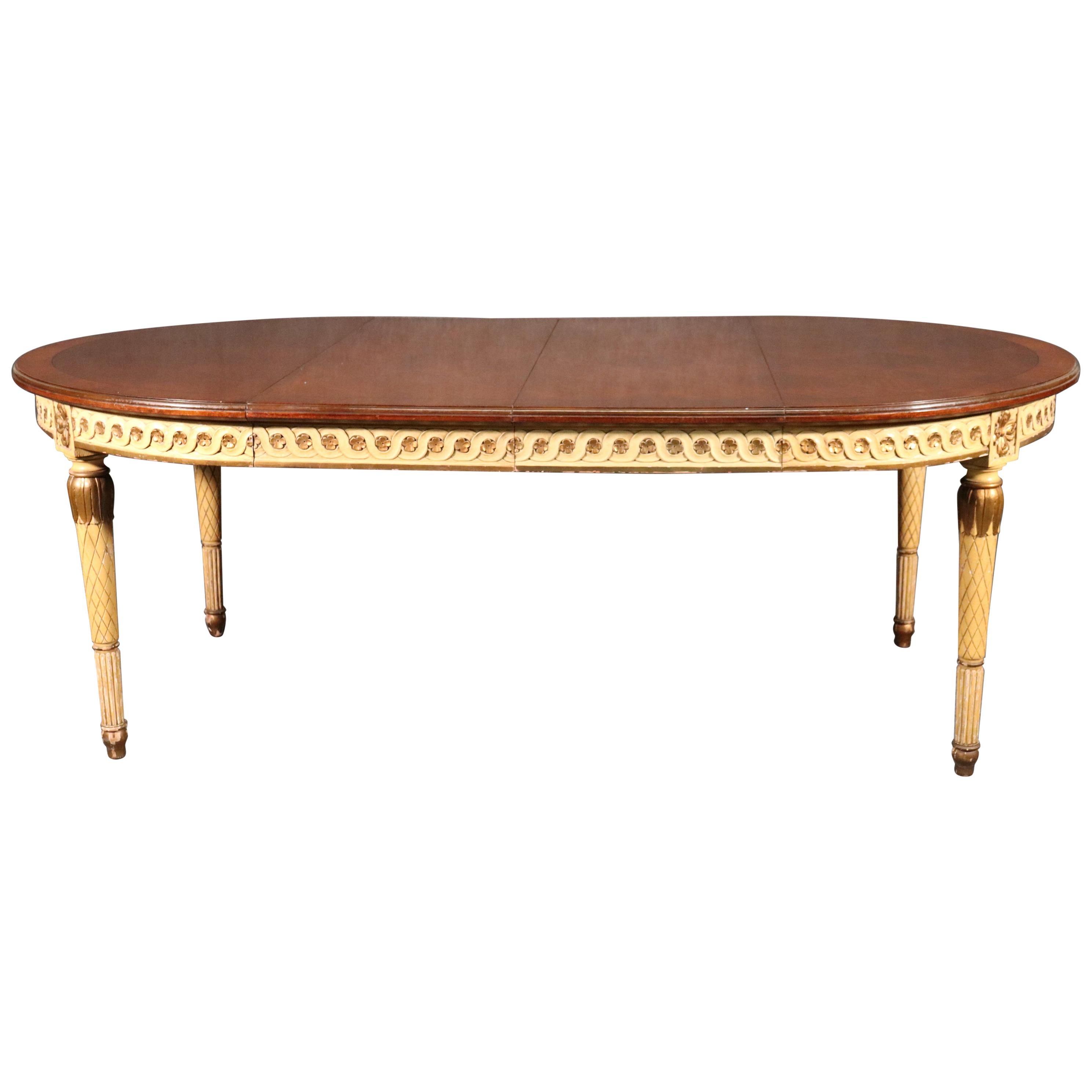 French Crème Paint and Gilded Parquet Top Round to Oval Louis XVI Dining Table