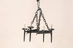 French Crossed-Bar Four-Light Iron Chandelier from the Mid-20th Century