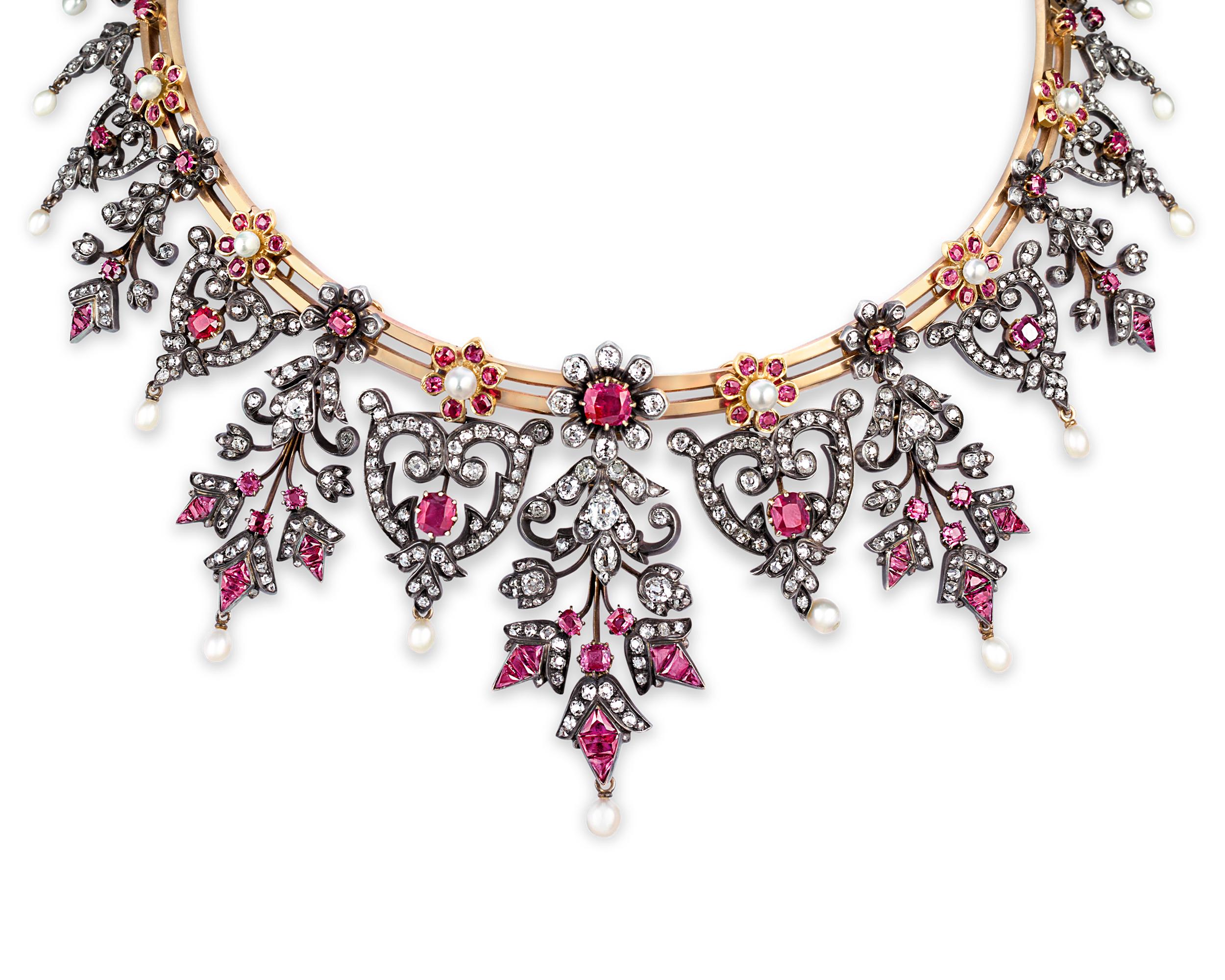 Dramatic red rubies evoke pure drama in this magnificent necklace that hails from the French Crown Jewels, one of the most extravagant collections of royal jewels to ever exist. Crafted of fine calibré-cut Burma rubies, mine-cut diamonds and natural