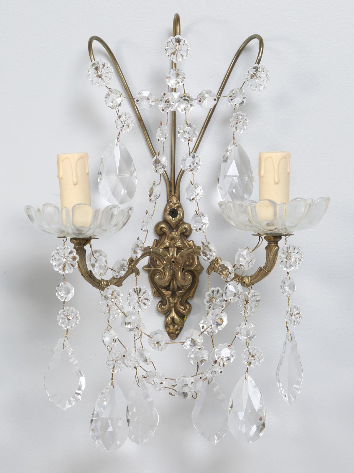 French Crystal and Brass 2-Light Sconces, Available Individually or in Pairs In Excellent Condition In Chicago, IL