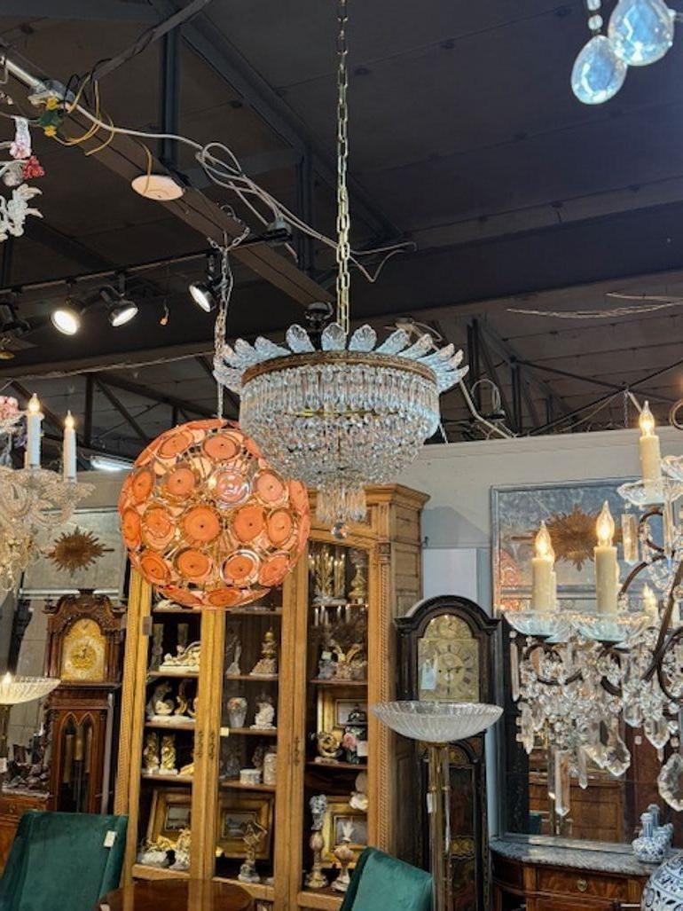 French Crystal and Bronze Baccarat Manner Flush Mount In Good Condition In Dallas, TX