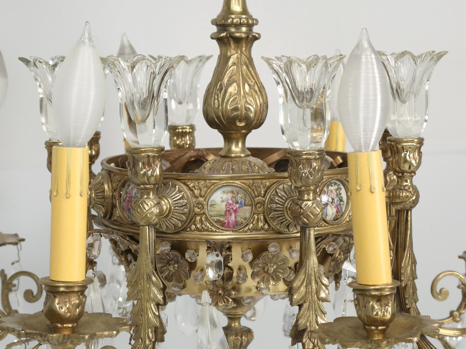 French Crystal and Bronze Chandelier with Unusual Details Including Cameos In Good Condition For Sale In Chicago, IL