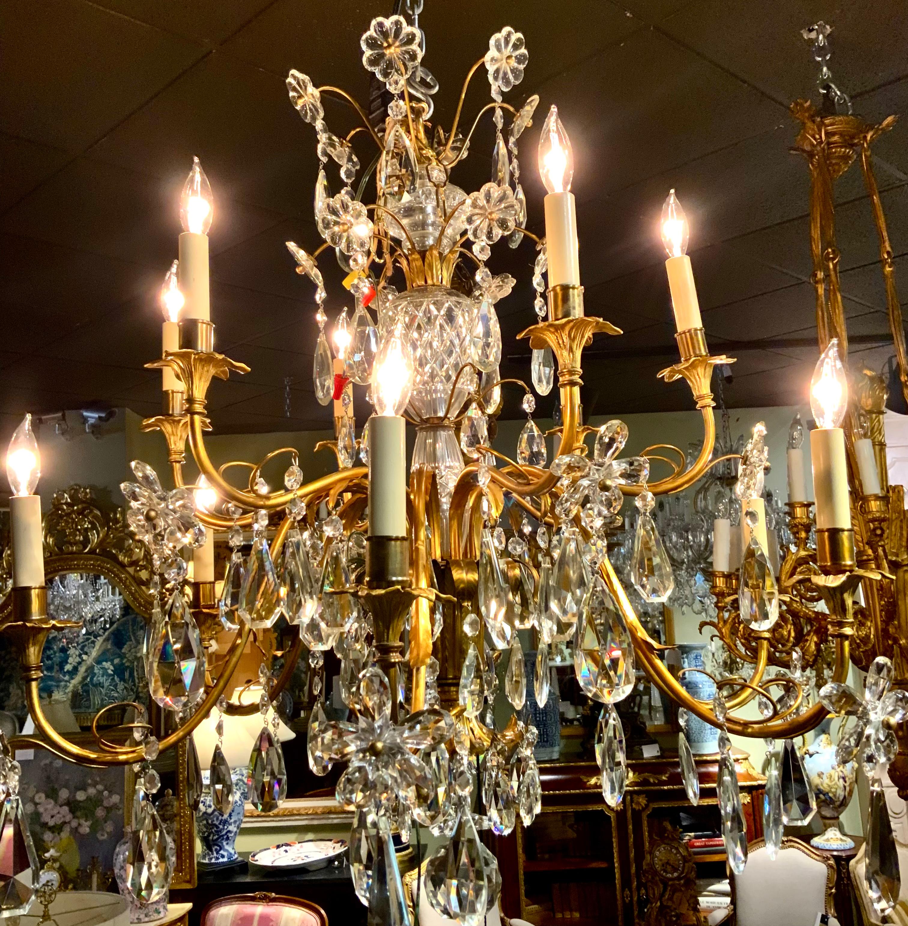 French crystal and bronze dore 10 light chandelier  For Sale 5