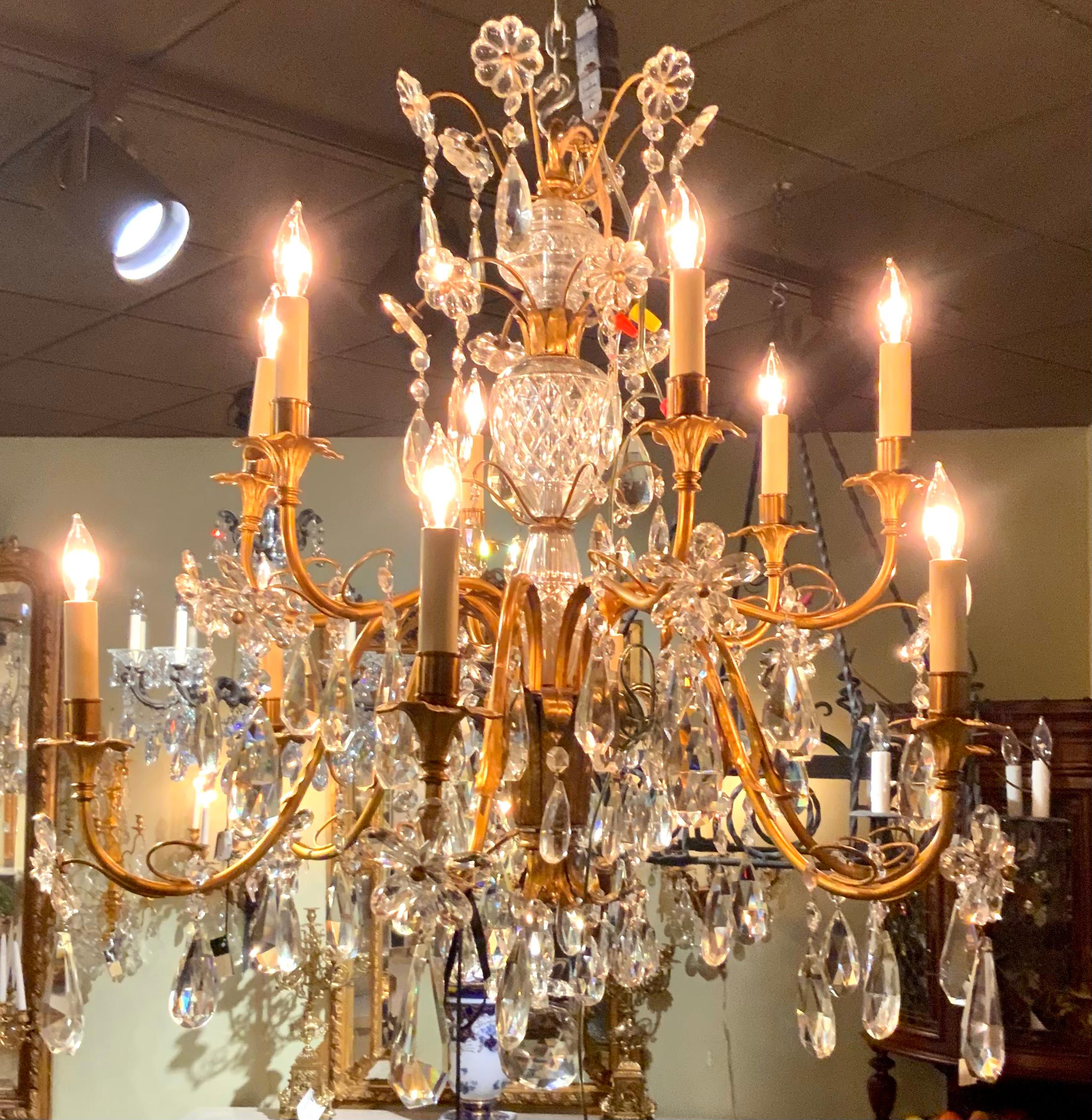 20th Century French crystal and bronze dore 10 light chandelier  For Sale