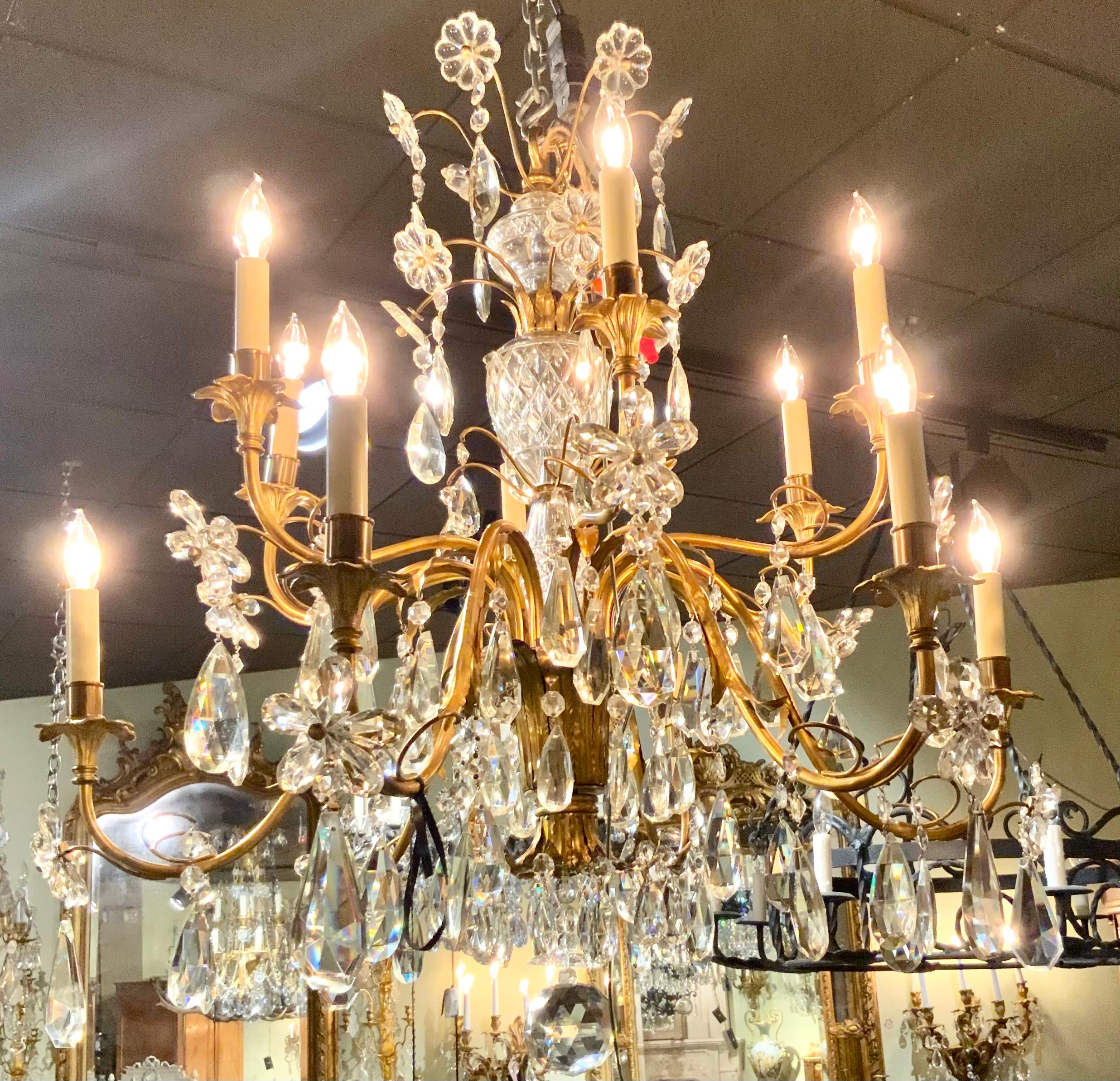 French crystal and bronze dore 10 light chandelier  For Sale 1