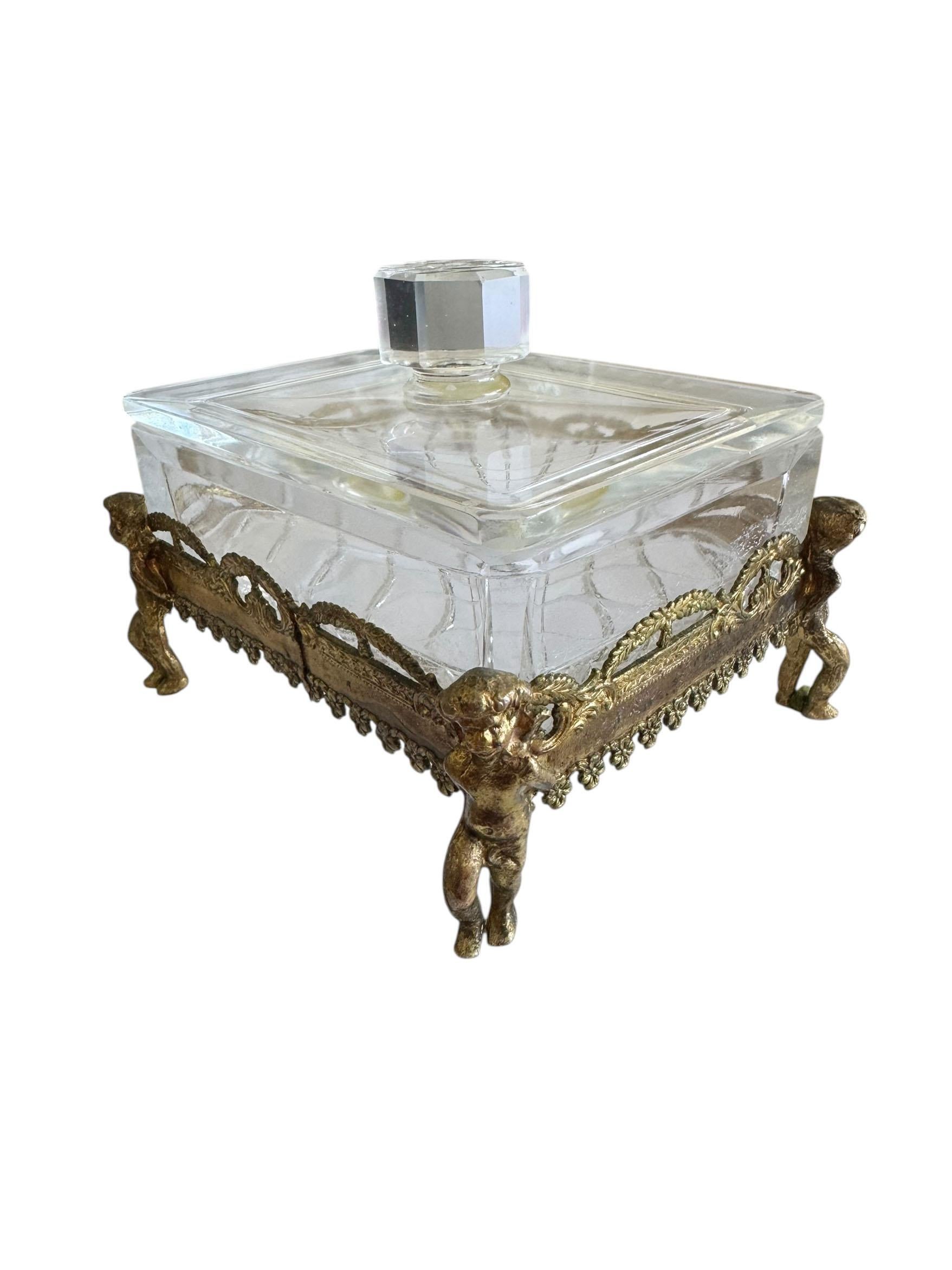 French Crystal and Bronze Dresser Box with Cherubs For Sale 6