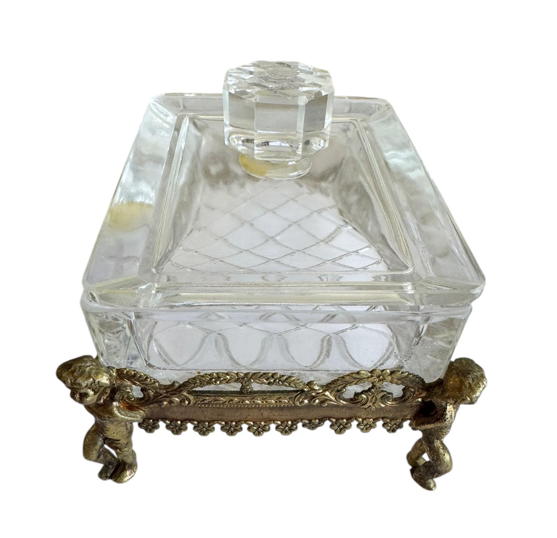 Mid-20th Century French Crystal and Bronze Dresser Box with Cherubs For Sale