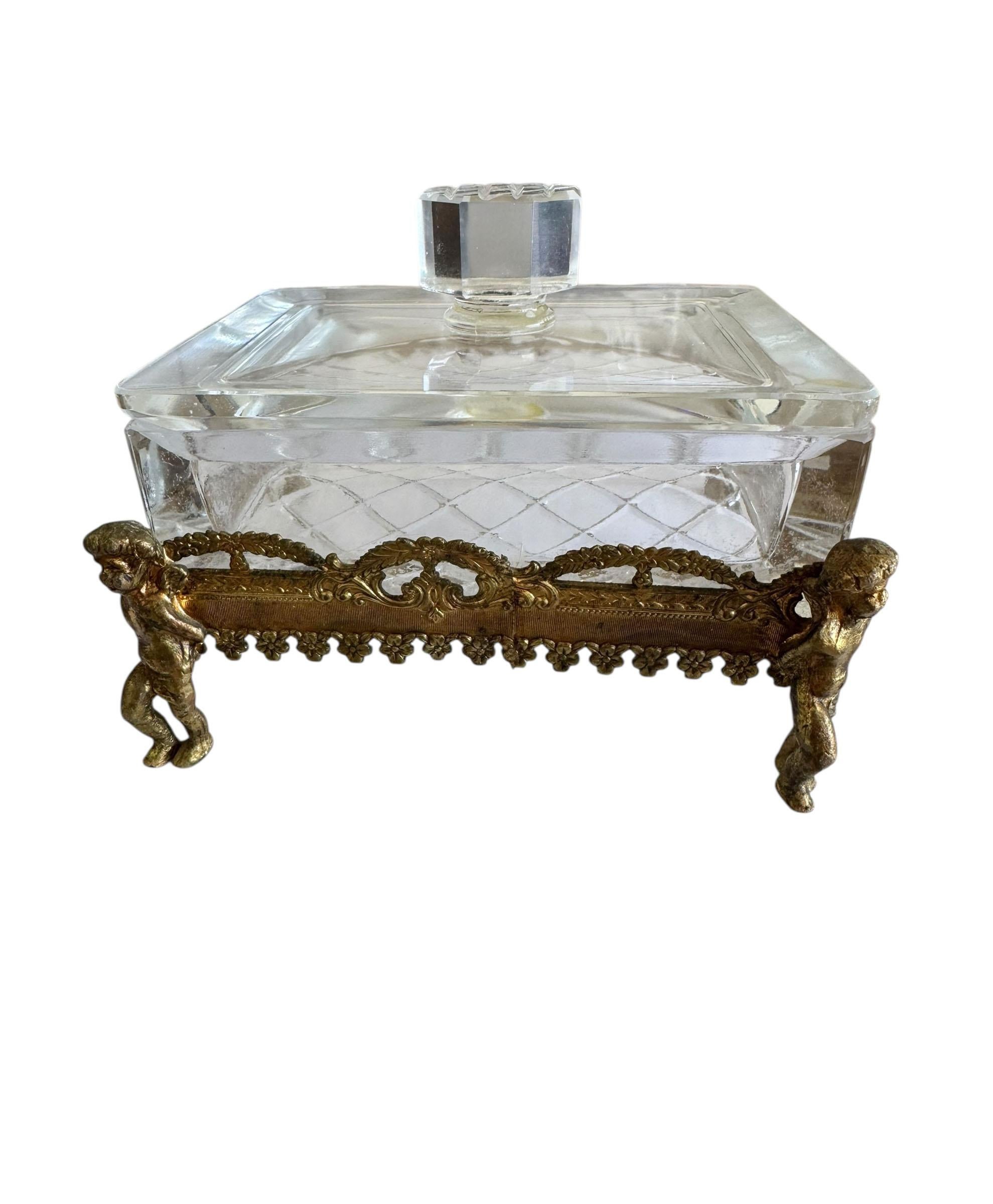 French Crystal and Bronze Dresser Box with Cherubs For Sale 4