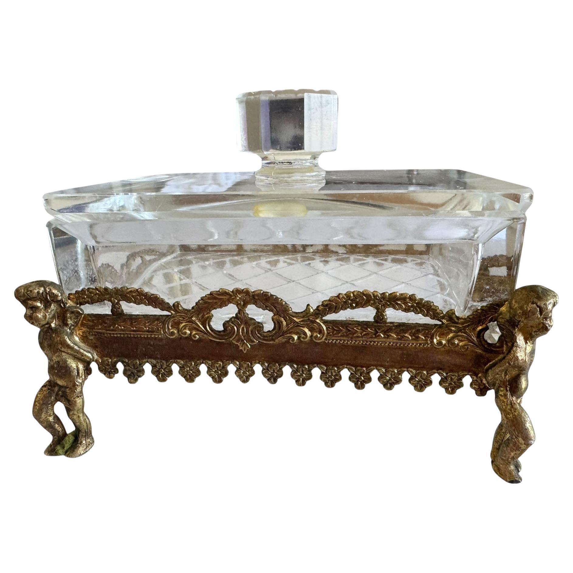 French Crystal and Bronze Dresser Box with Cherubs For Sale