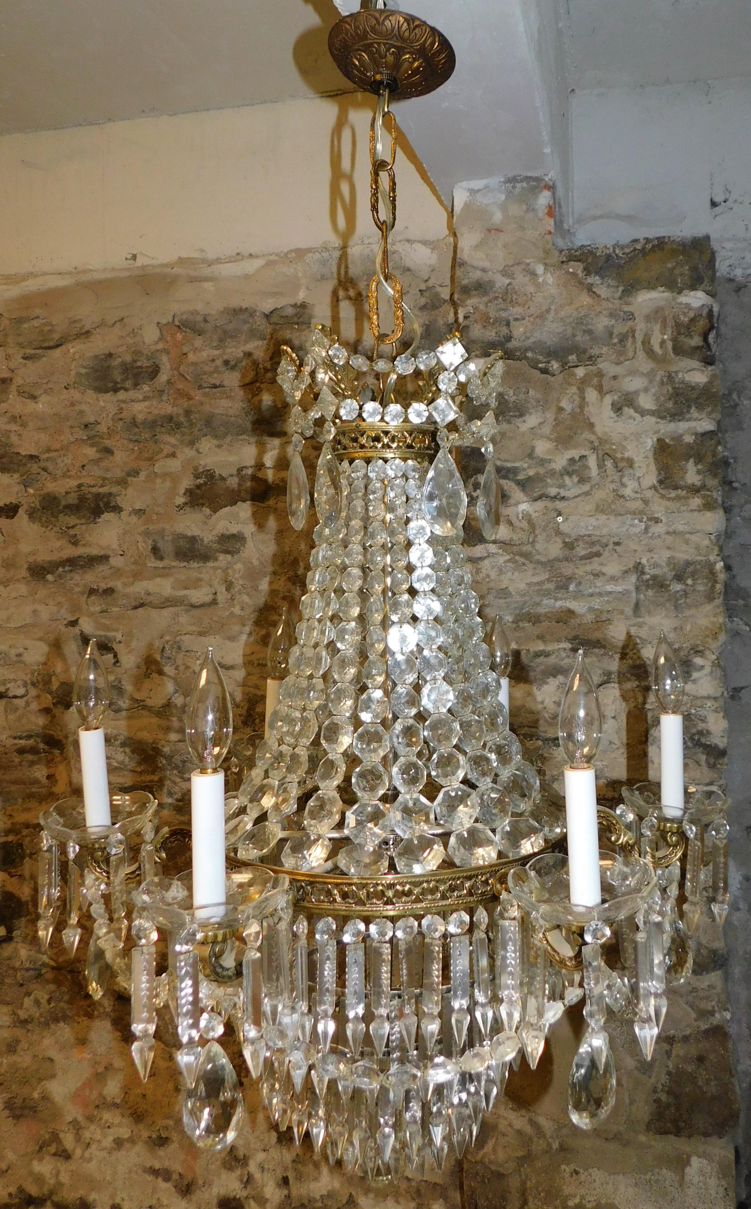 French Crystal and Bronze Six-Light Tiered Chandelier Turn of the Century 6