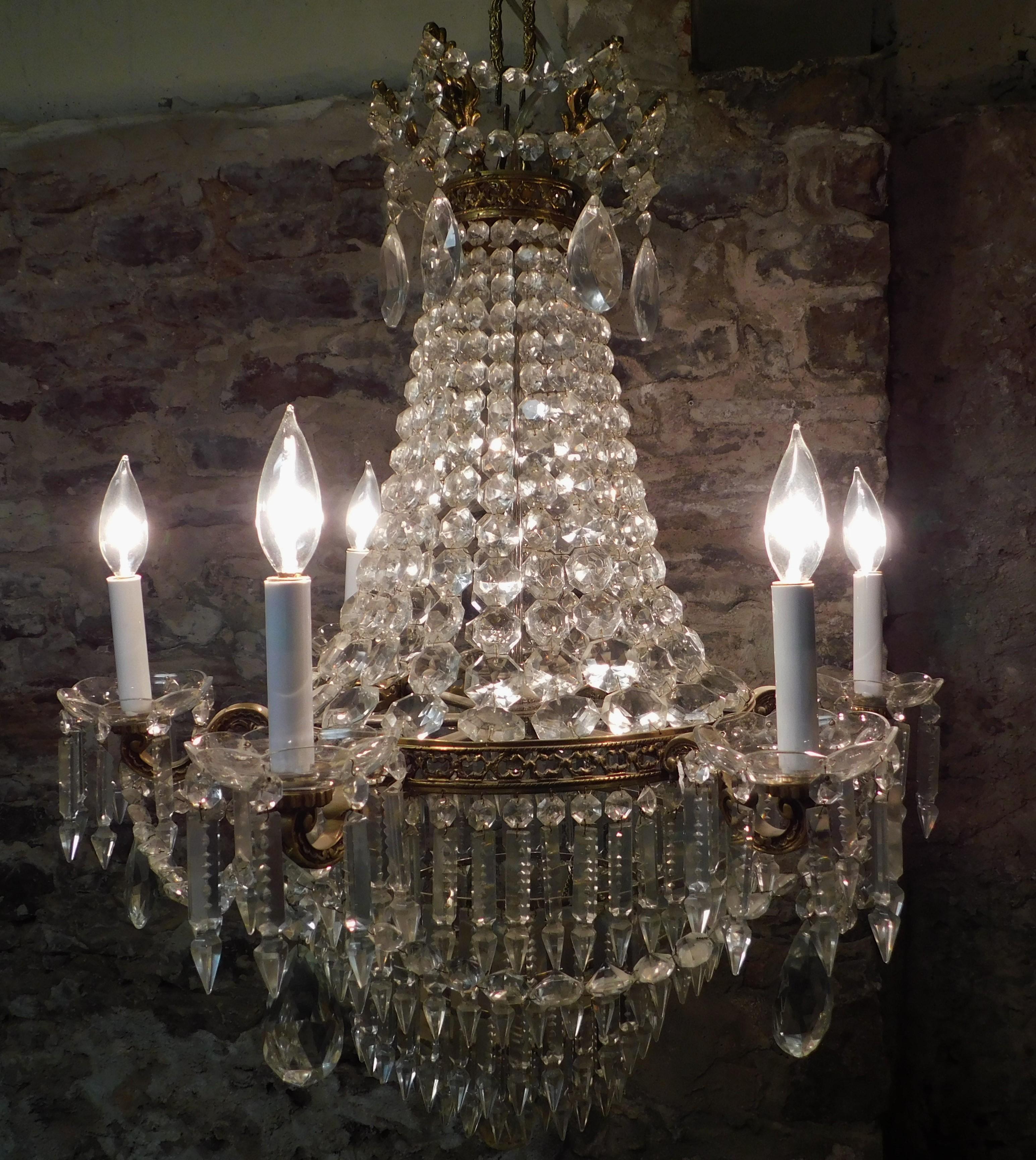 French Crystal and Bronze Six-Light Tiered Chandelier Turn of the Century 7