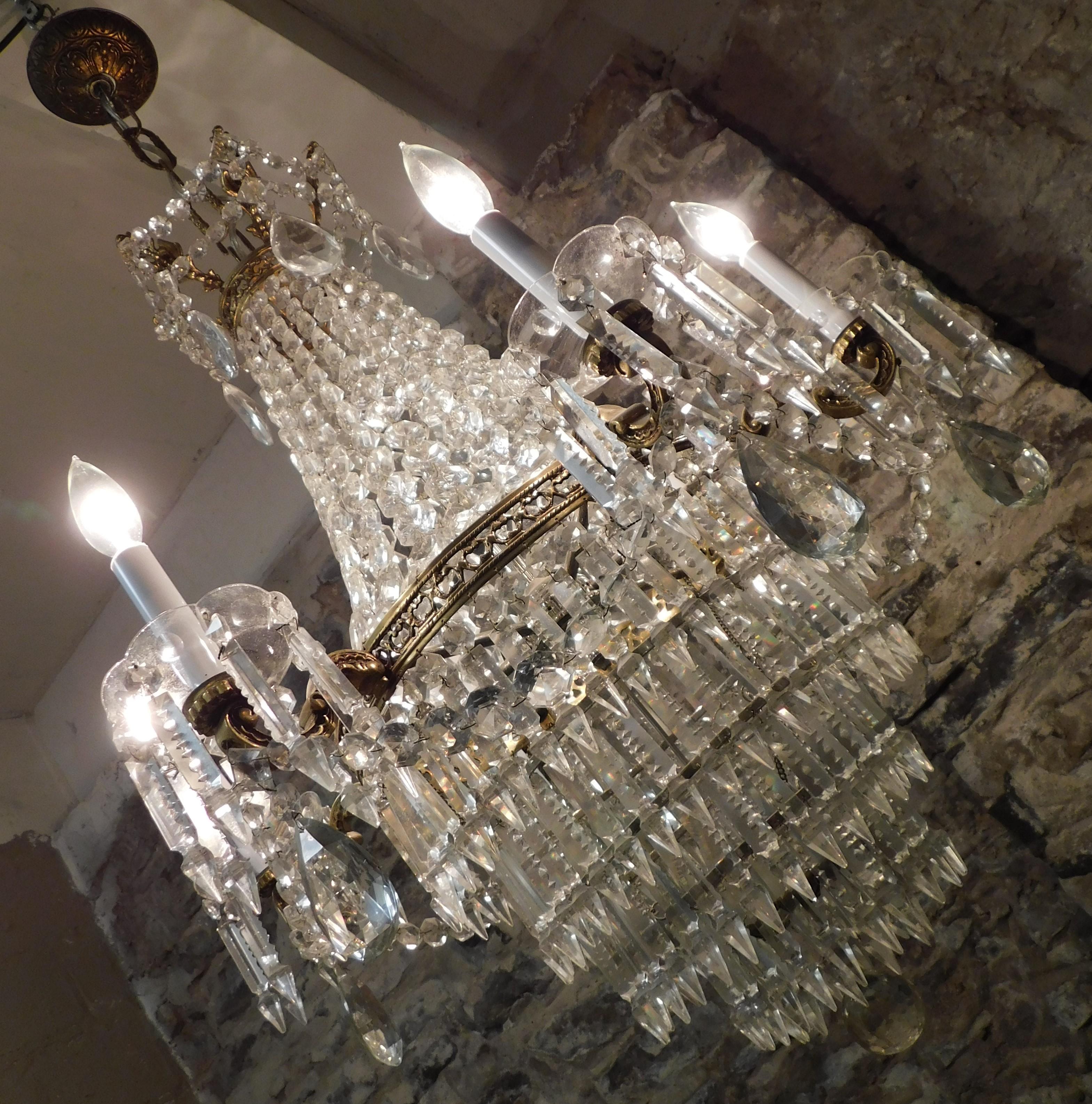 French Crystal and Bronze Six-Light Tiered Chandelier Turn of the Century 9