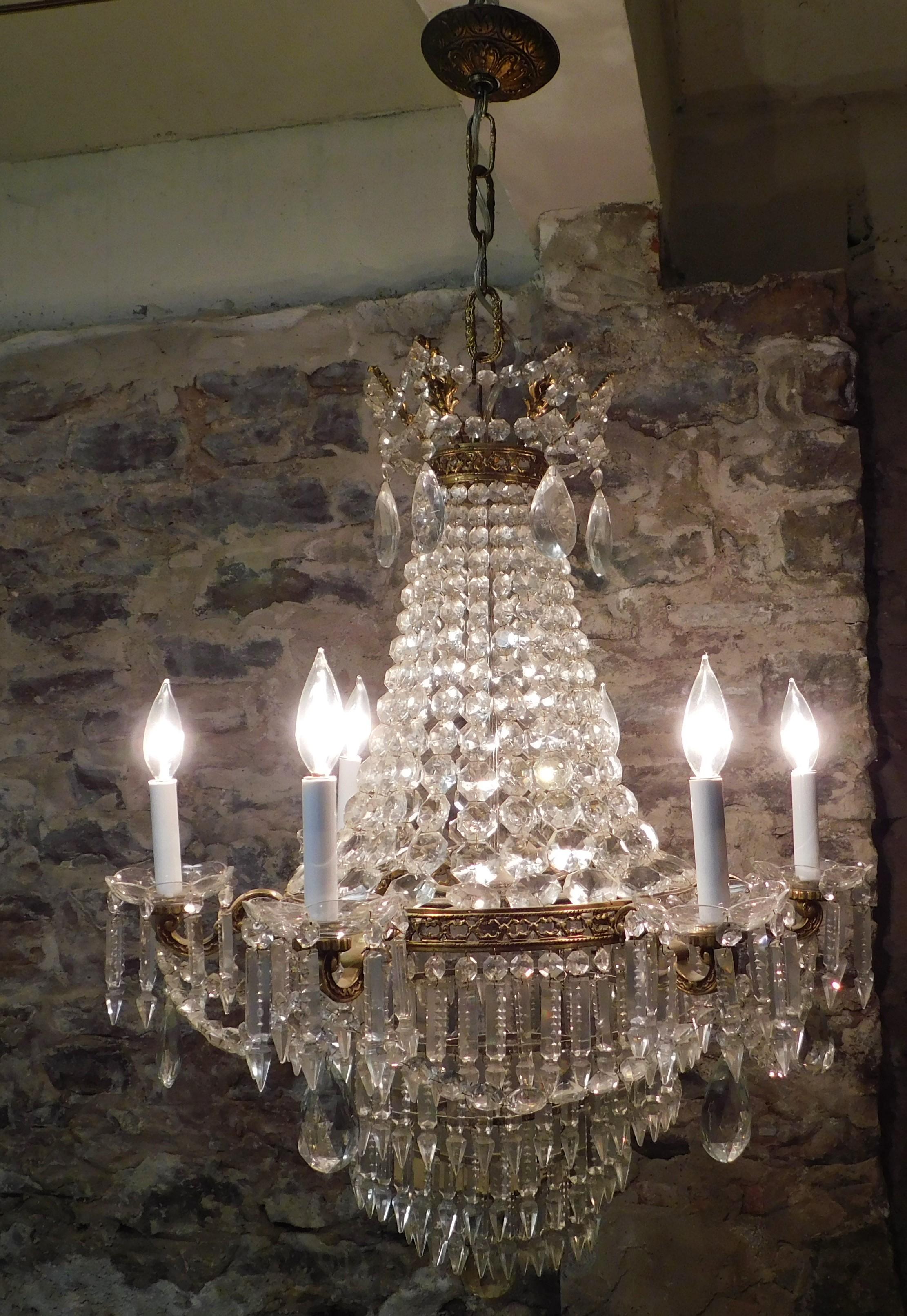 Late Victorian French Crystal and Bronze Six-Light Tiered Chandelier Turn of the Century