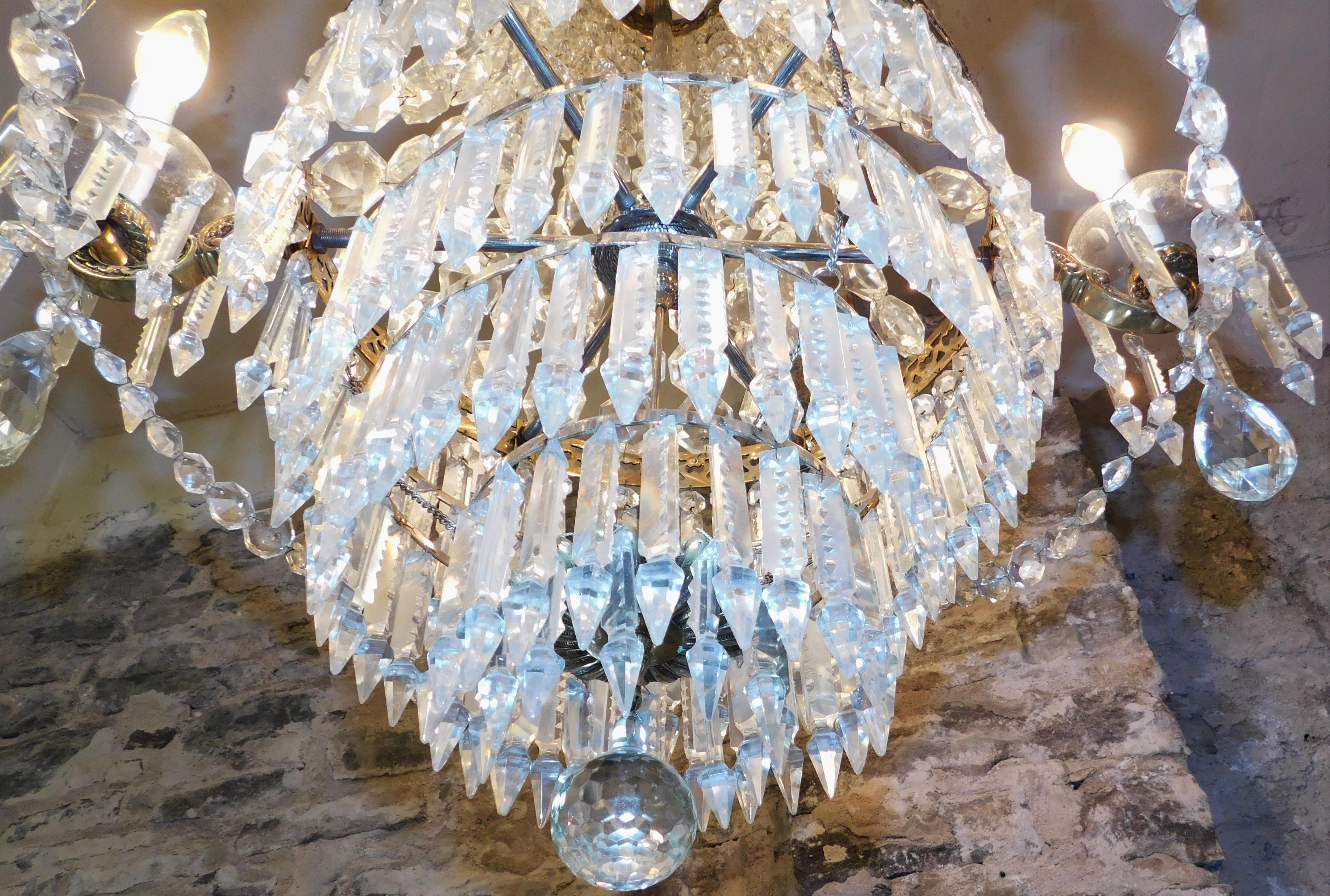 20th Century French Crystal and Bronze Six-Light Tiered Chandelier Turn of the Century