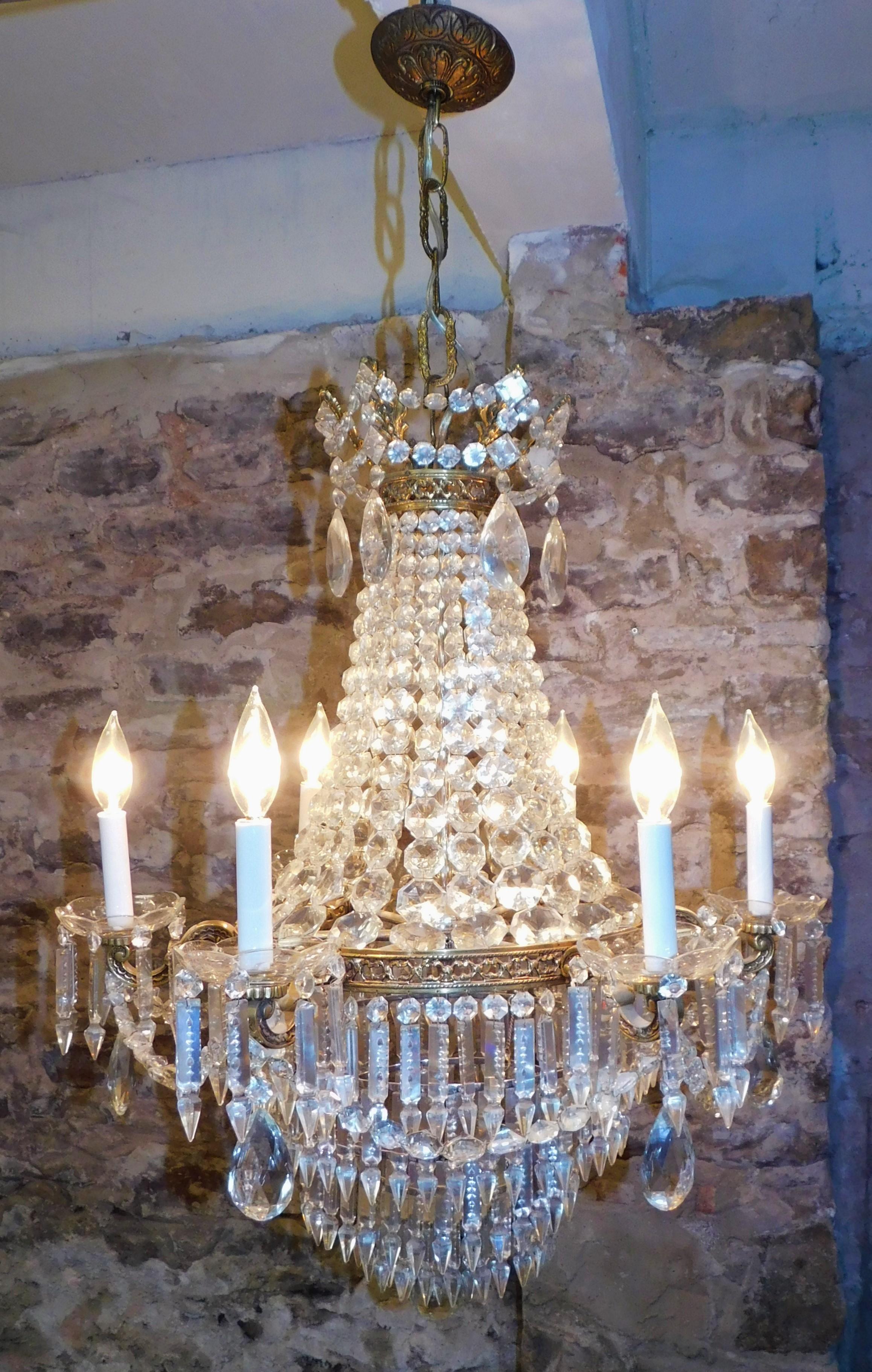 French Crystal and Bronze Six-Light Tiered Chandelier Turn of the Century 1