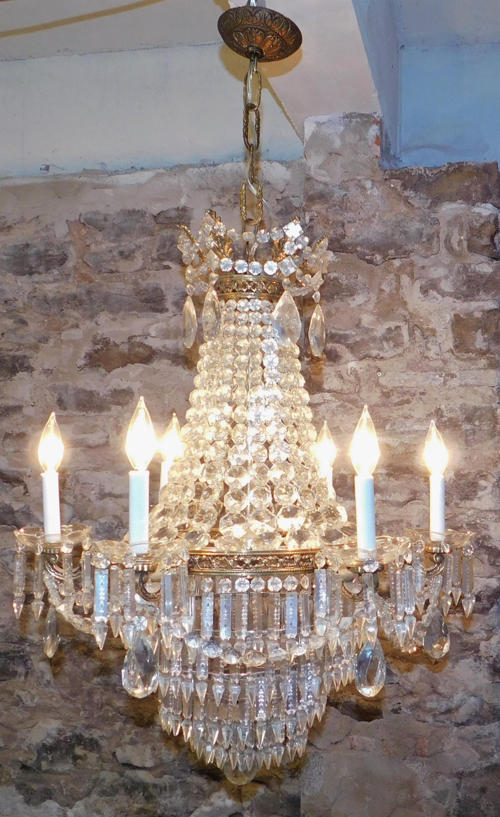 French Crystal and Bronze Six-Light Tiered Chandelier Turn of the Century 3
