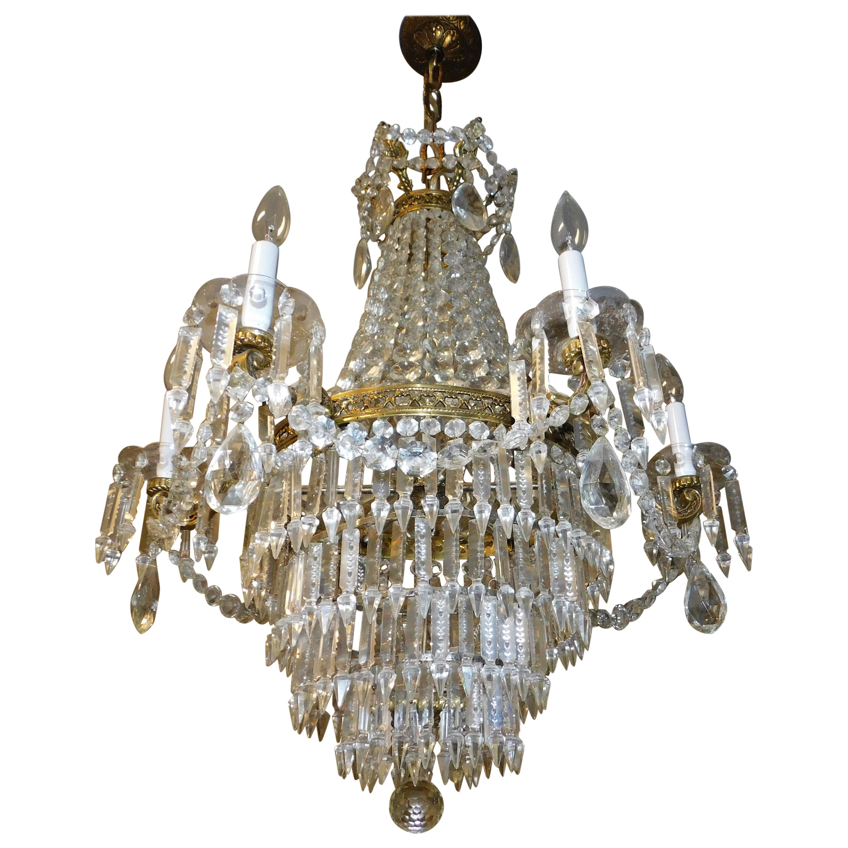 French Crystal and Bronze Six-Light Tiered Chandelier Turn of the Century