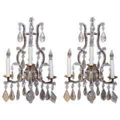 French Crystal and Bronze Three-Light Sconces with Beads of Crystal