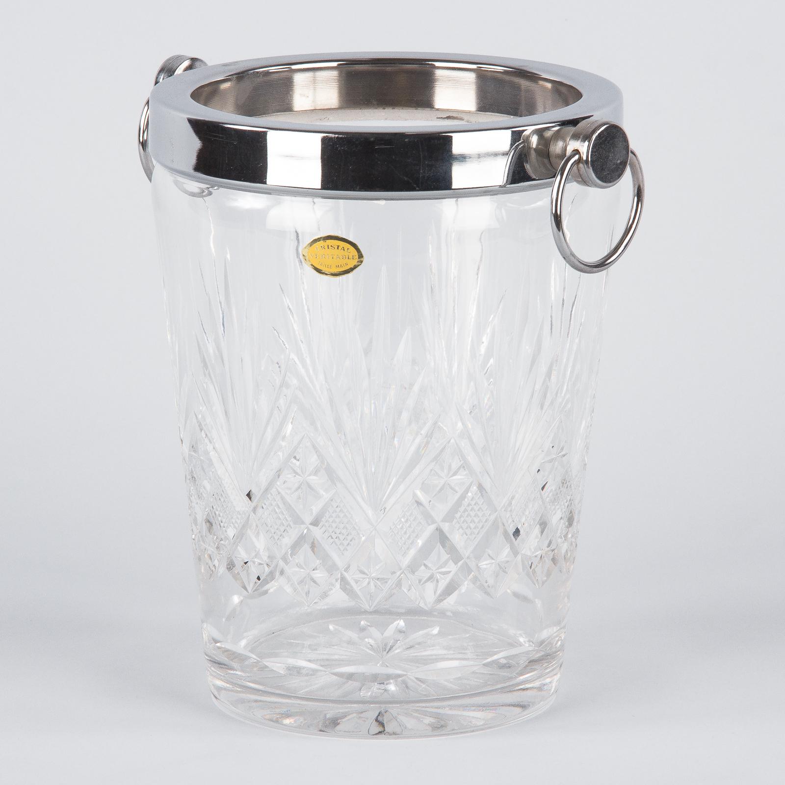 French Crystal and Silver Metal Ice Bucket, 1970s 6