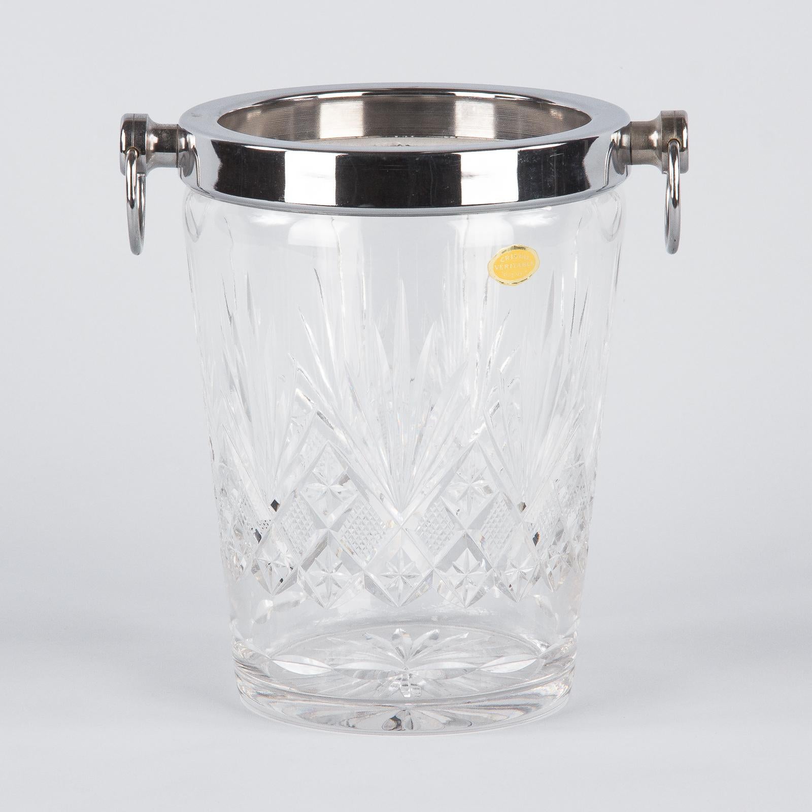 Modern French Crystal and Silver Metal Ice Bucket, 1970s