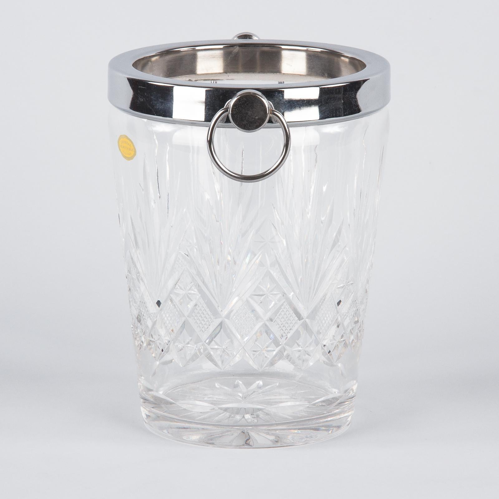 French Crystal and Silver Metal Ice Bucket, 1970s In Good Condition In Austin, TX