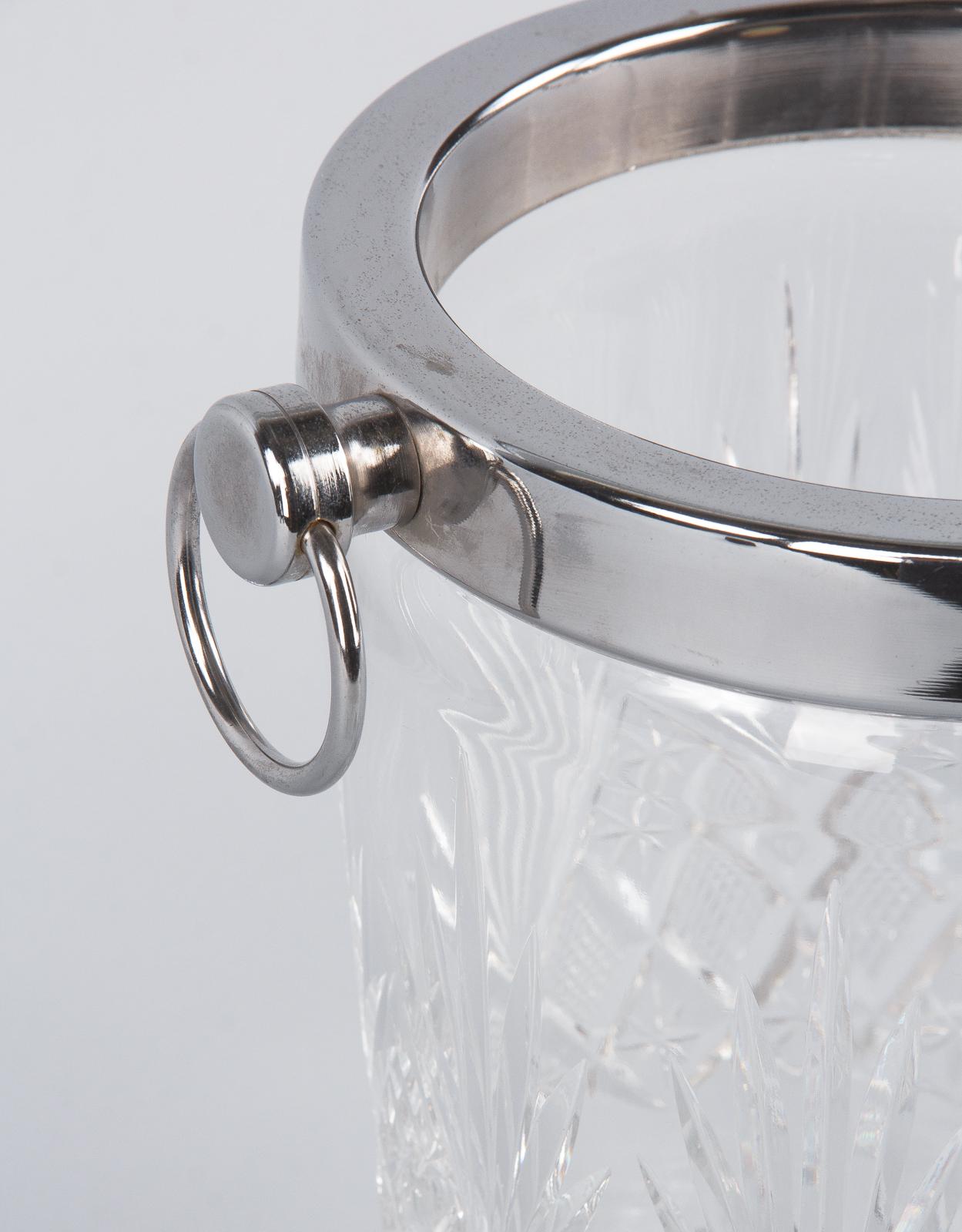 French Crystal and Silver Metal Ice Bucket, 1970s 1